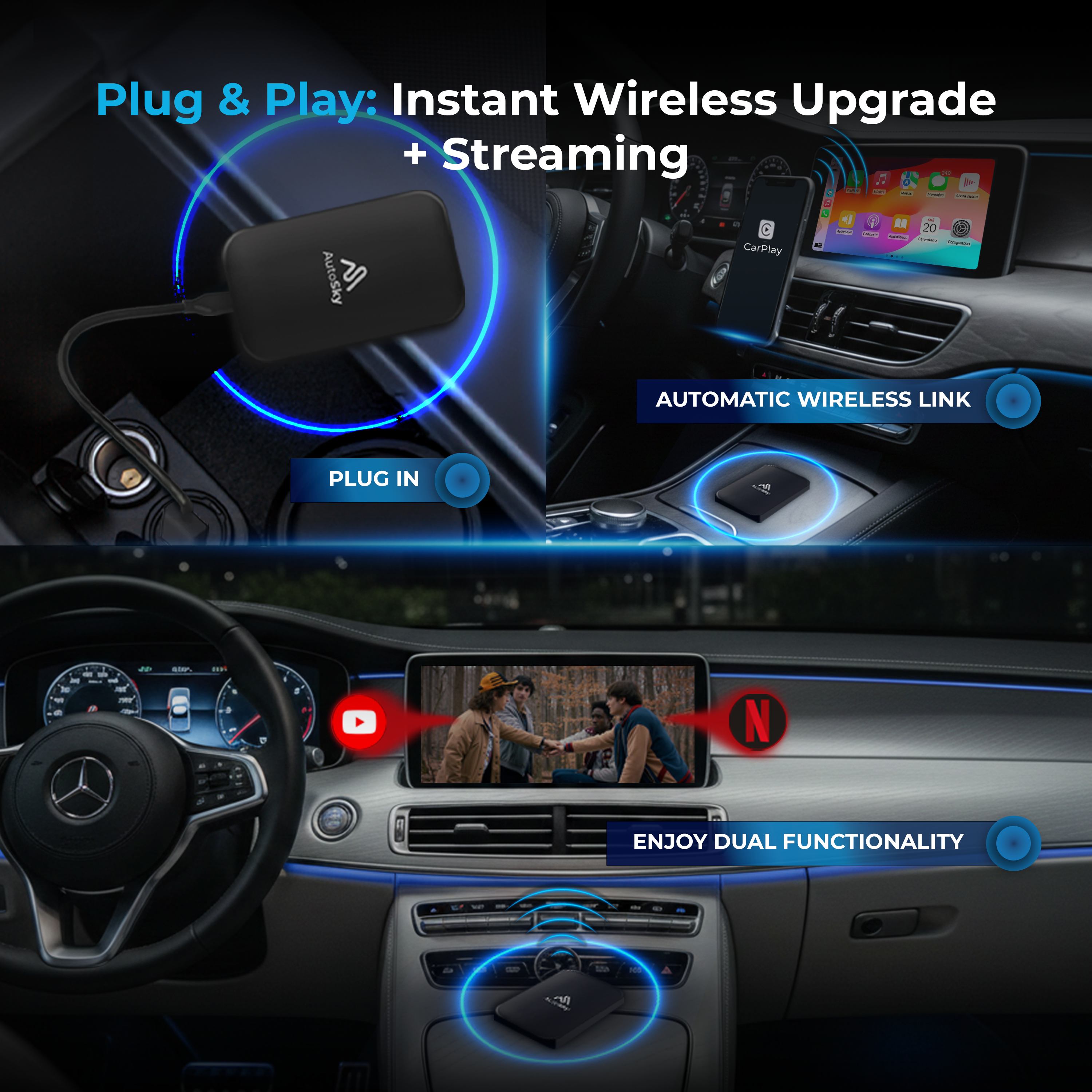 Ein schwarzes Gerät wird in einen Auto-Anschluss gesteckt, das Auto-Display zeigt Inhalte an.