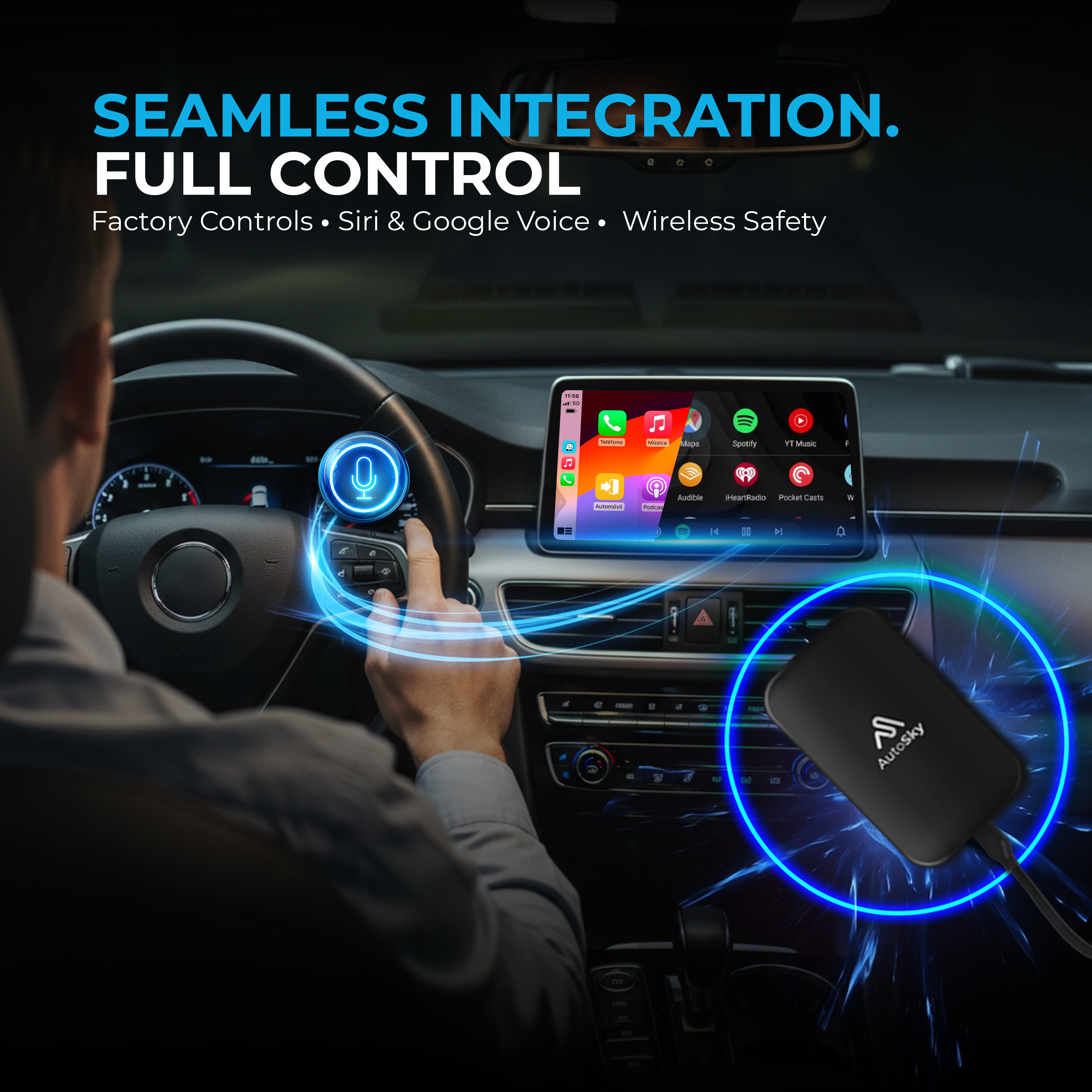 Ein Mann fährt ein Auto. Ein schwarzer Kasten mit dem AutoSky-Logo ist zu sehen.