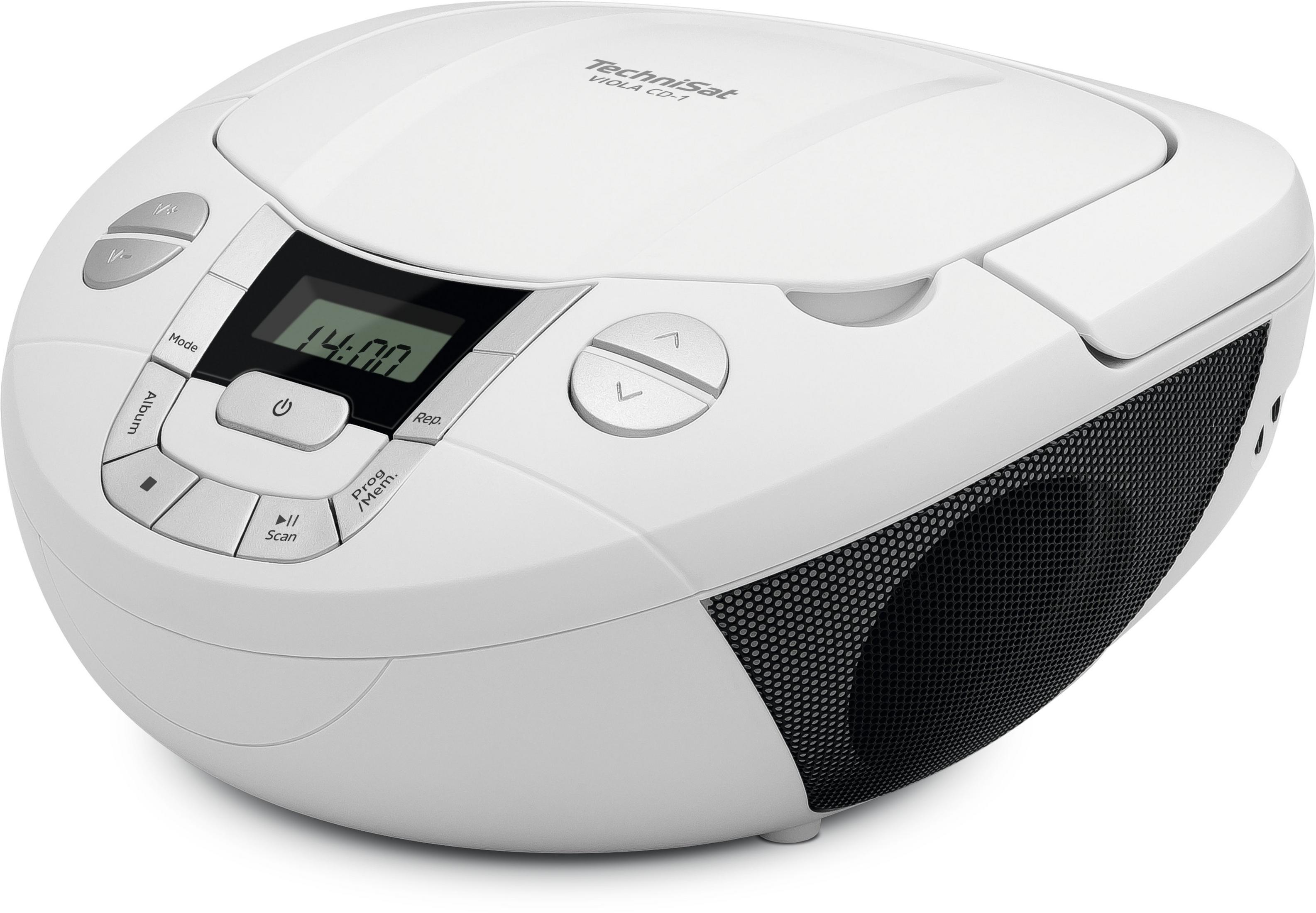 Lettore CD portatile bianco con griglia altoparlante nera e display digitale.