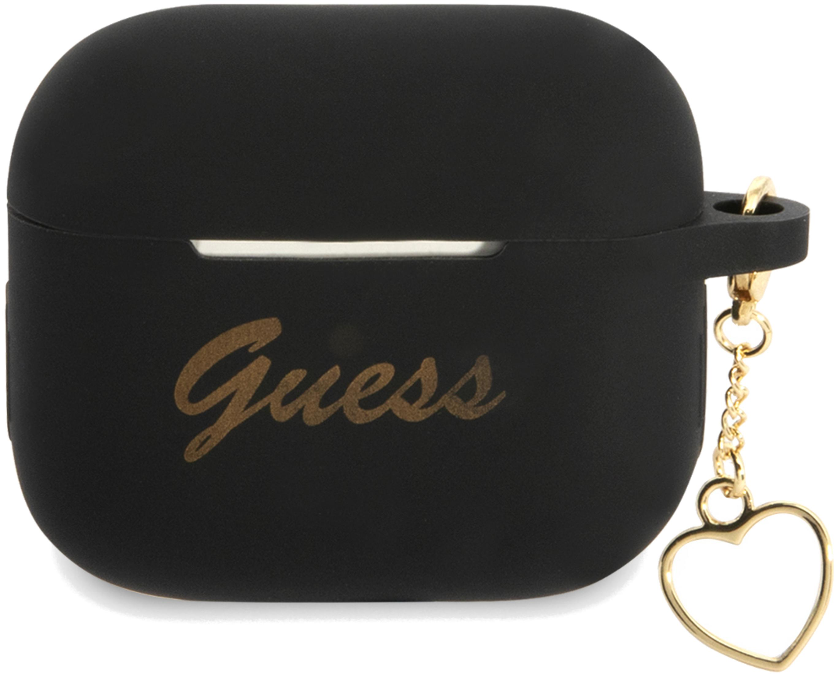 Czarny futerał na słuchawki Guess ze złotym charms w kształcie serca.
