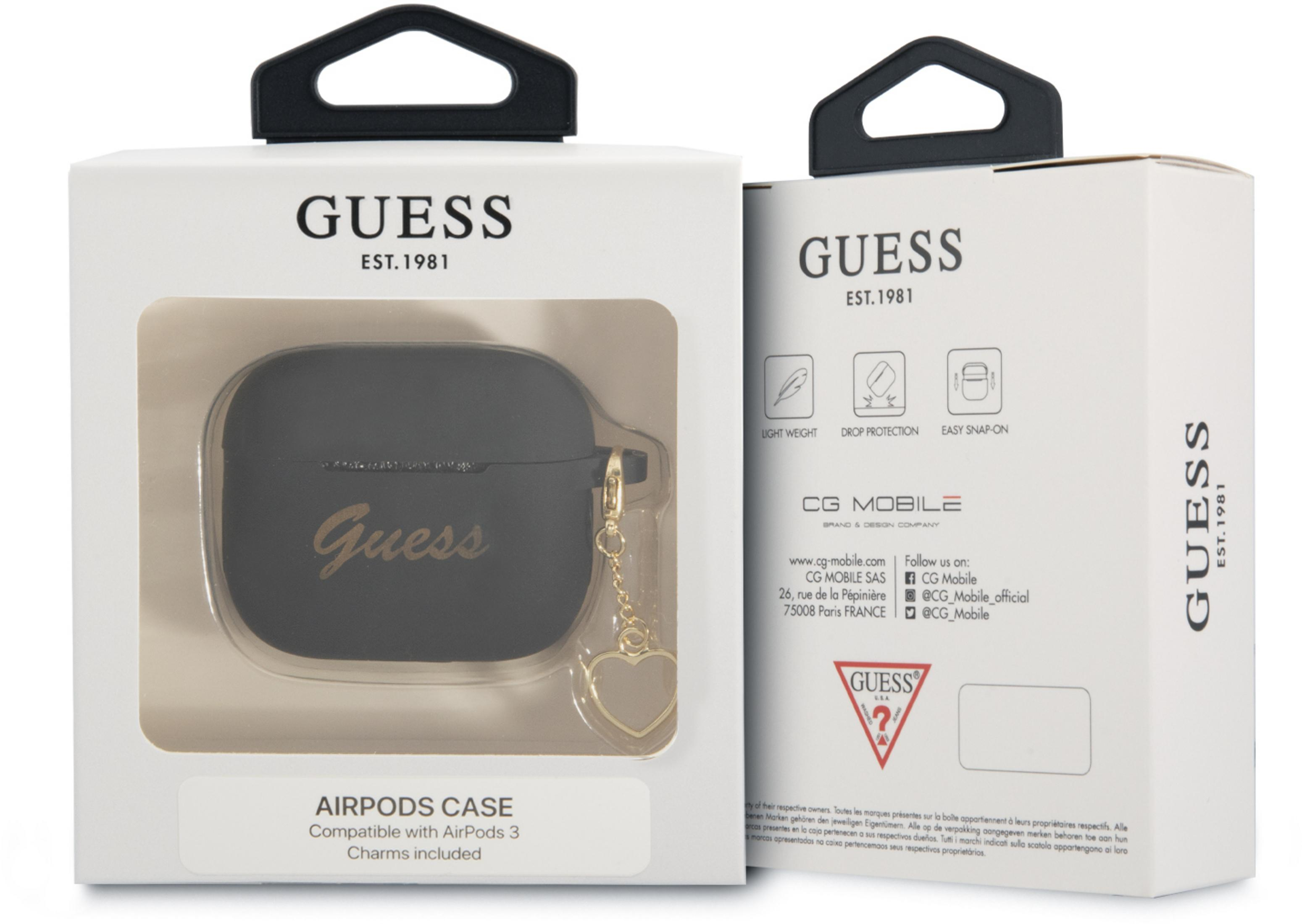 Etui Guess do AirPods w kolorze ciemnoszarym z zawieszką serce.