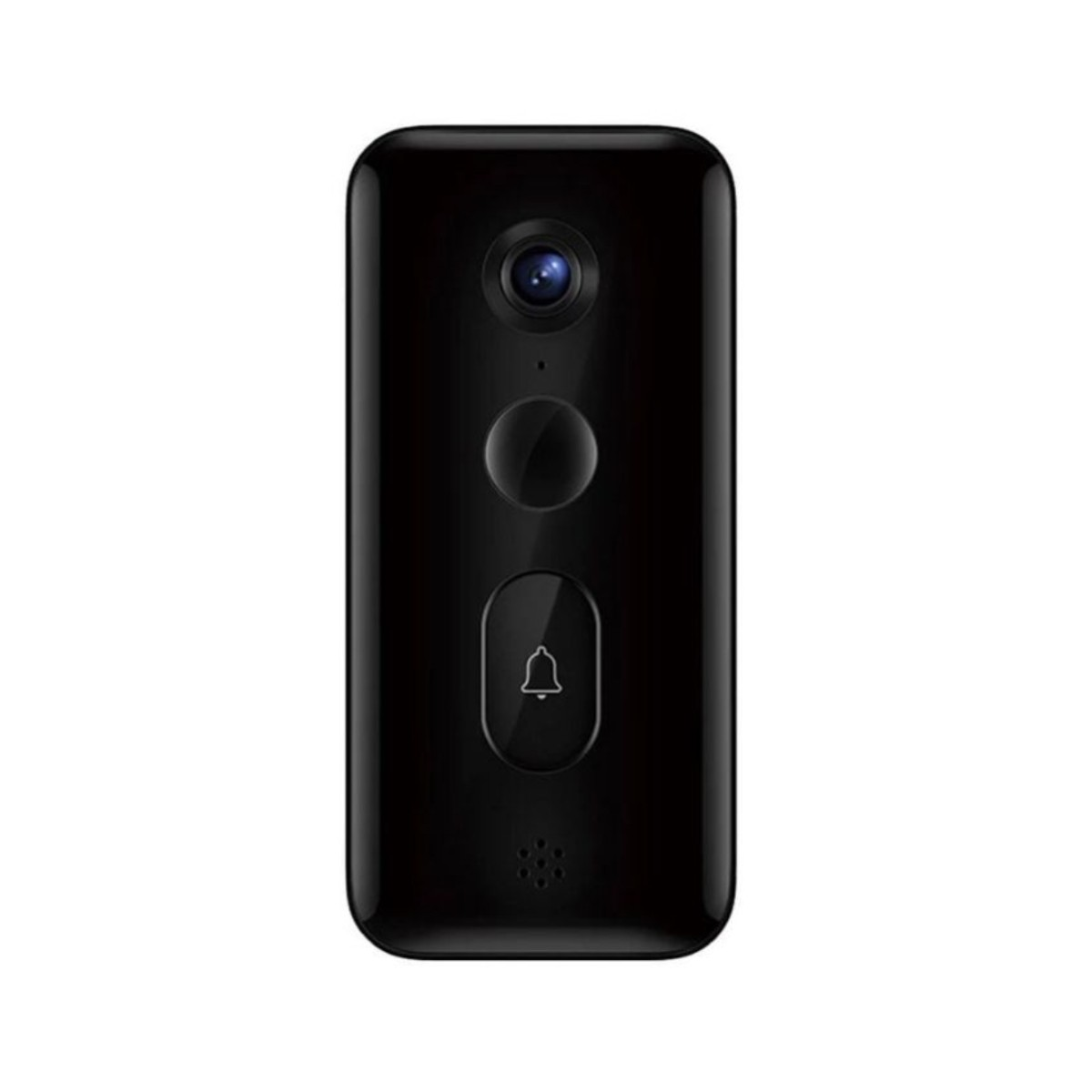 Czarna kamera dzwonka do drzwi z obiektywem, czujnikiem i ikoną dzwonka.