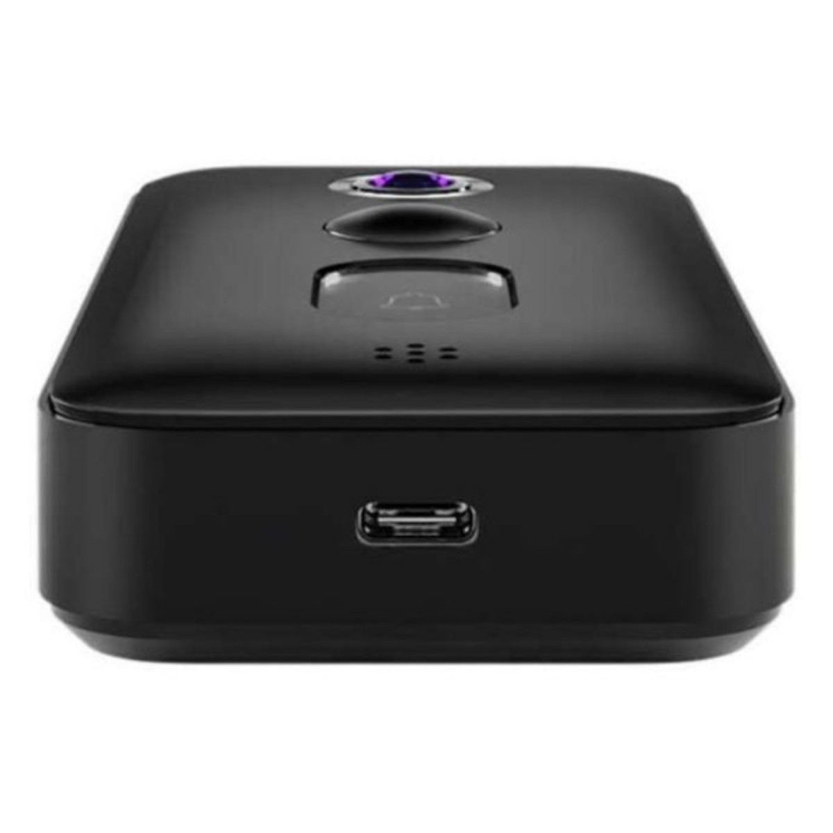 Czarne urządzenie z trzema przyciskami i portem USB.