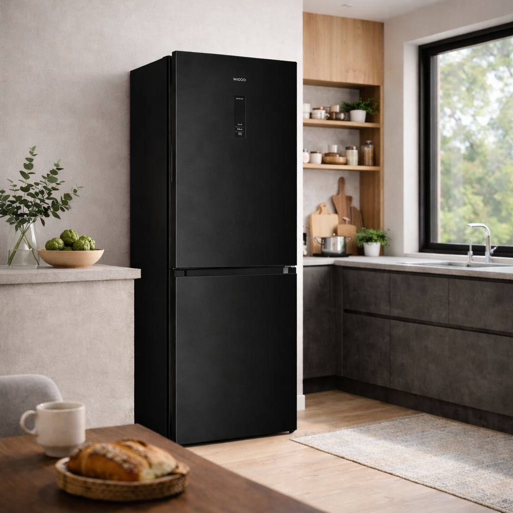 Een zwarte koelkast in een moderne keuken met houten accenten en een raam.