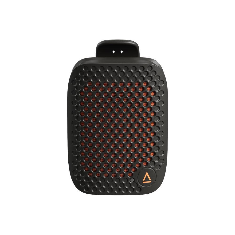 Altoparlante Bluetooth nero con griglia arancione e simbolo triangolo bianco.