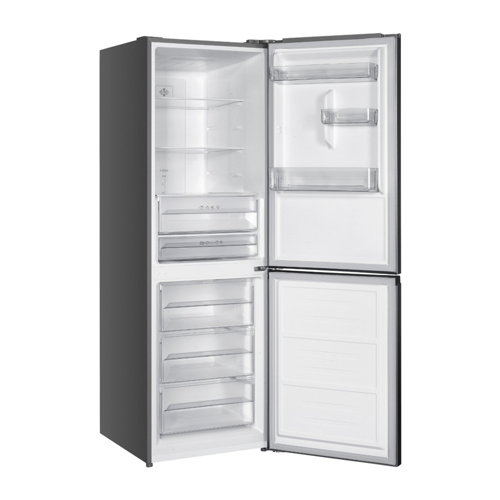 An open, dark refrigerator with multiple shelves and drawers inside.