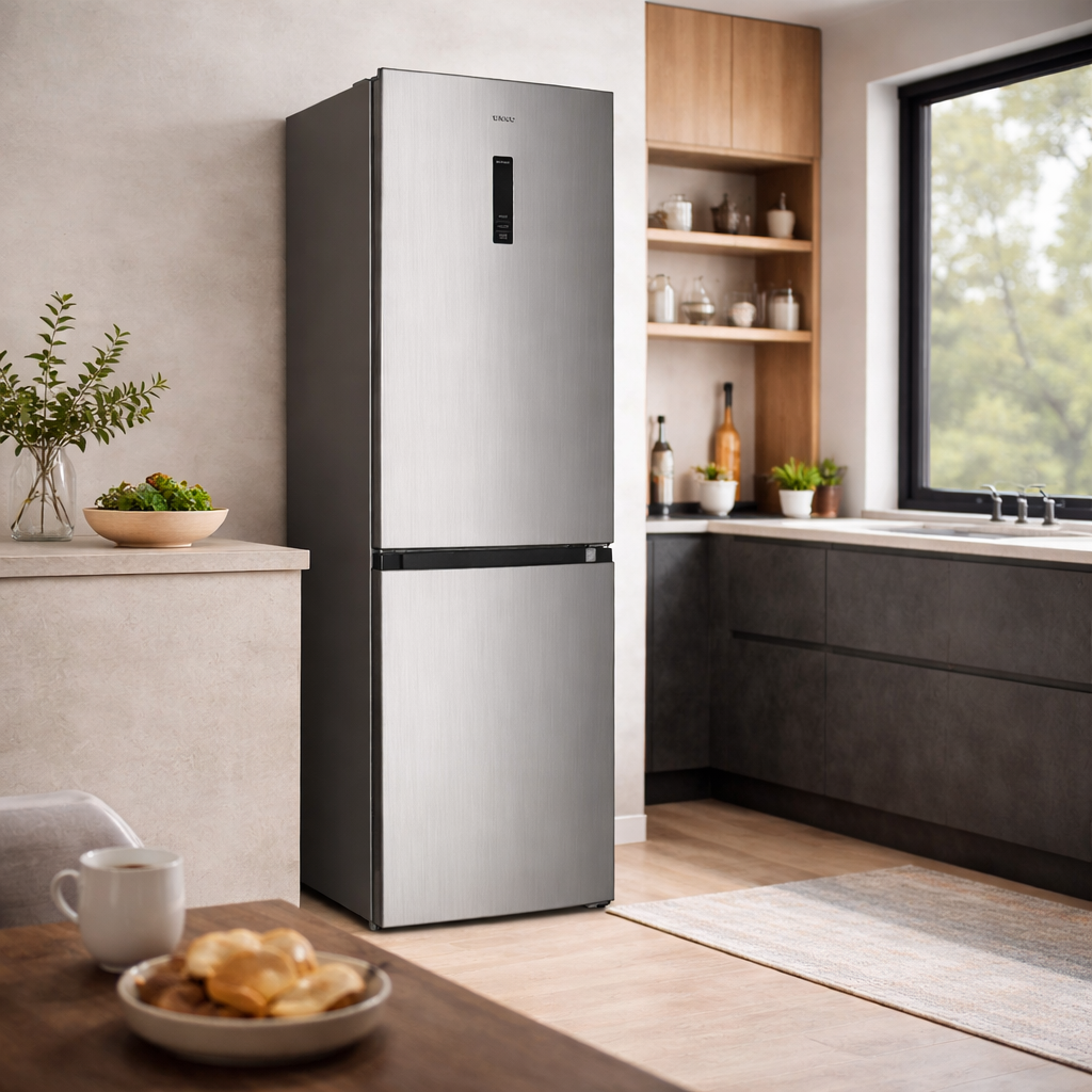 A silver refrigerator stands in a modern kitchen with wood accents.