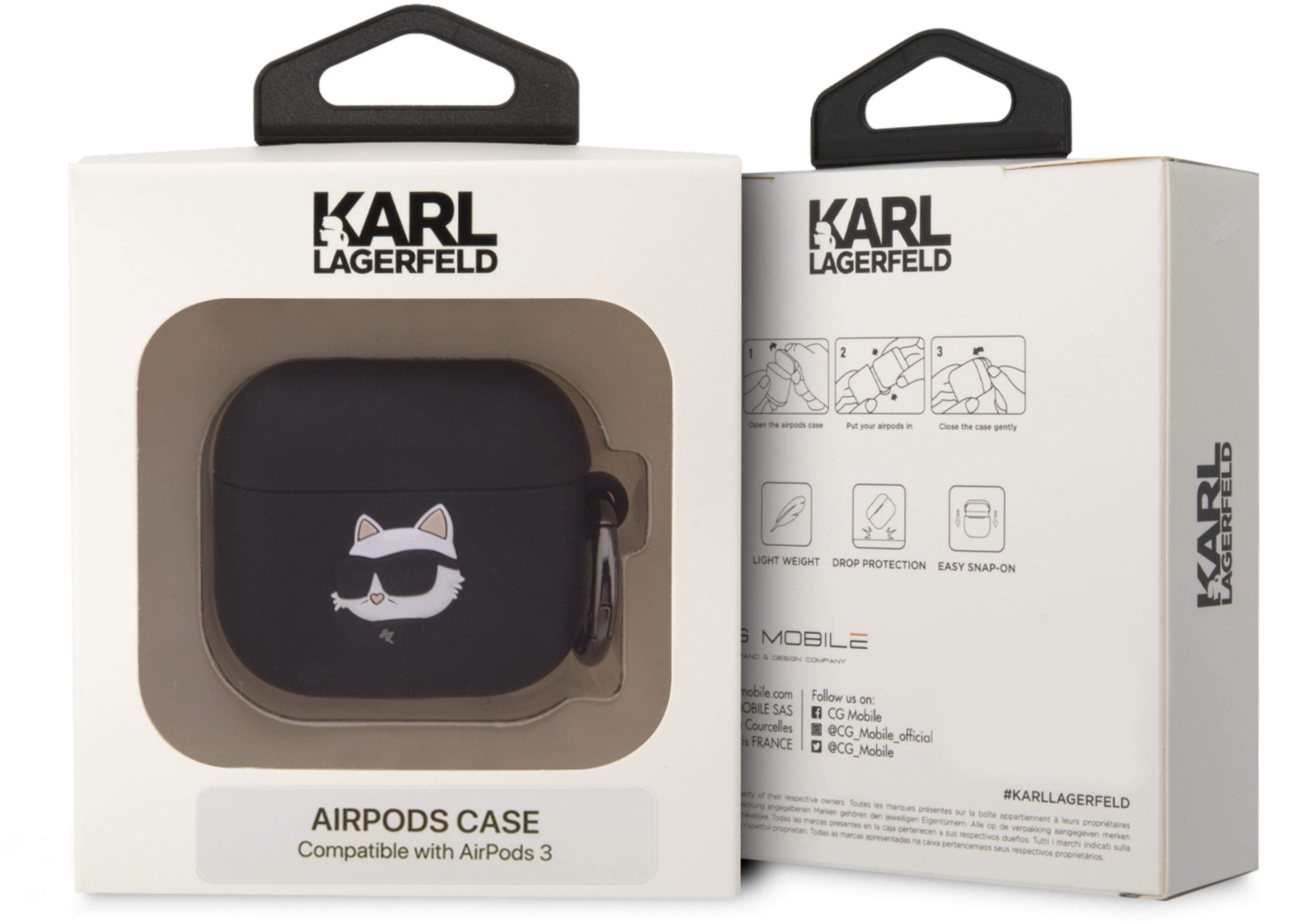 Czarne etui na AirPods z logo Karl Lagerfeld i motywem kota.