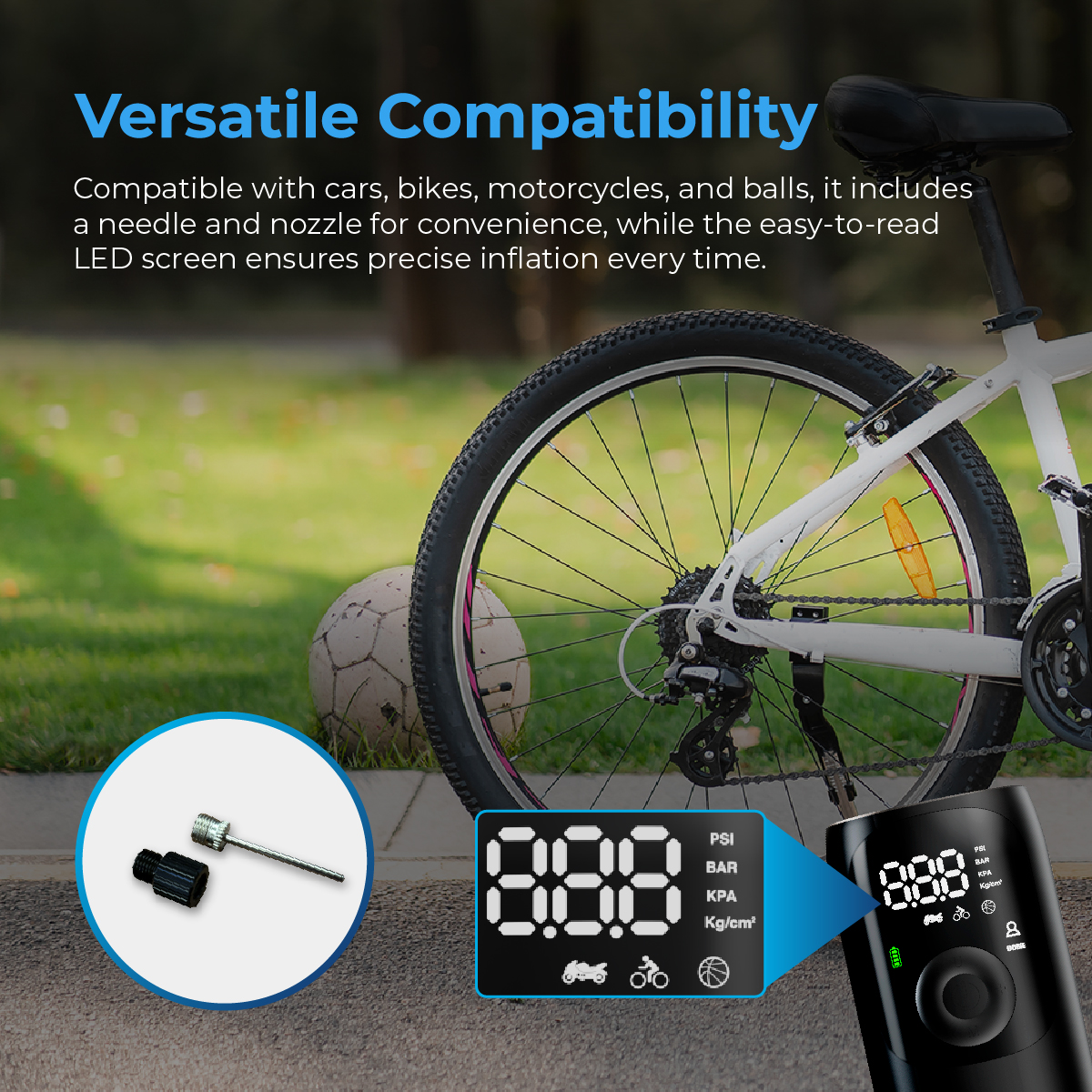 Gonfiatore con schermo LED accanto a bici e pallone.