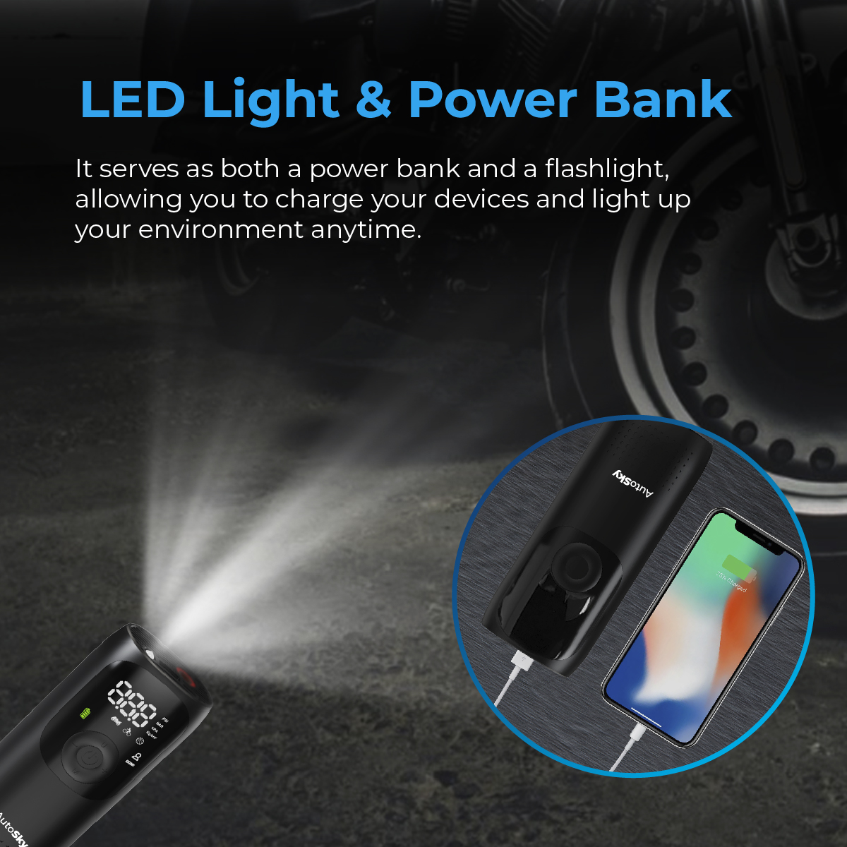 Power bank con luce LED nera carica uno smartphone.