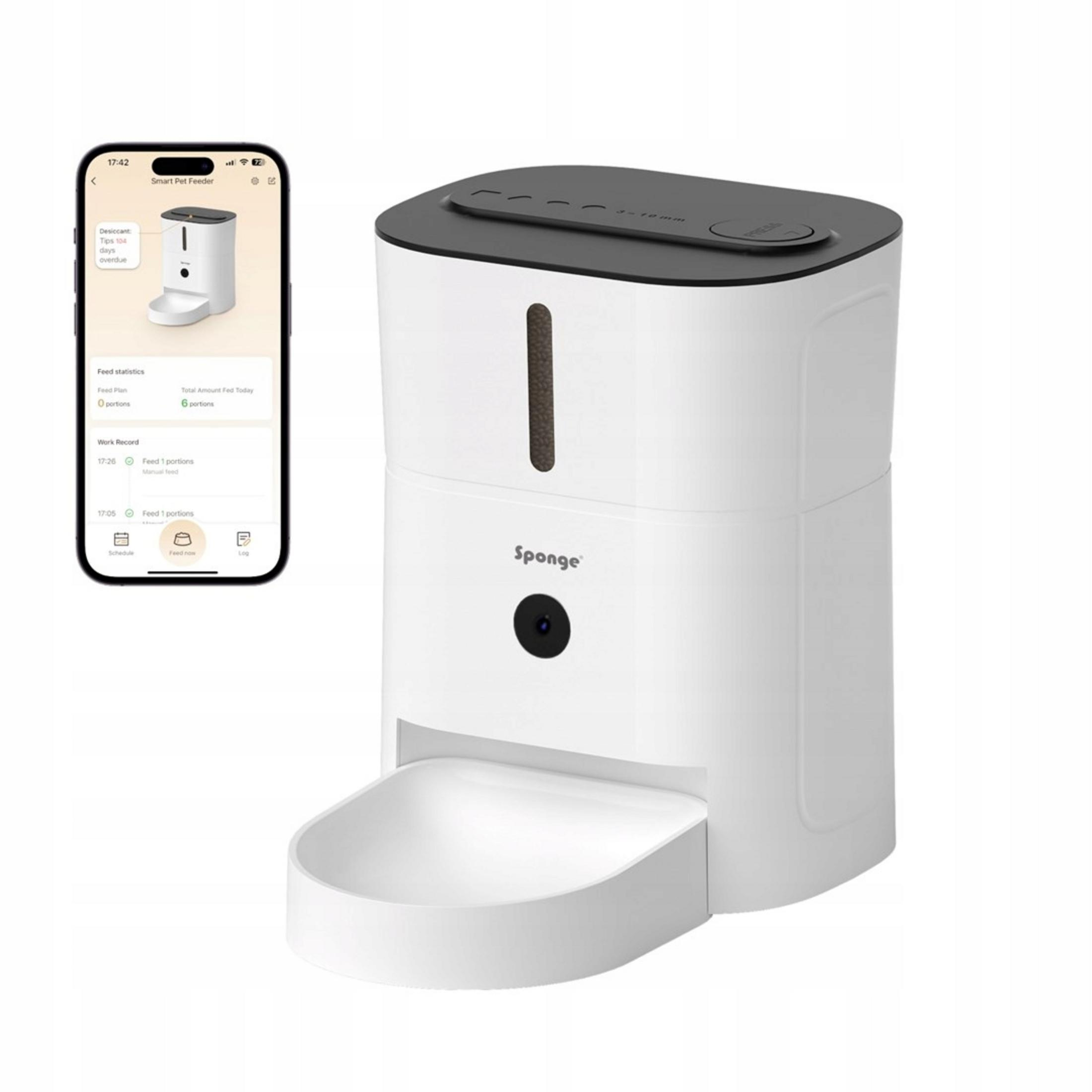 Dispenser bianco intelligente per animali con coperchio nero.