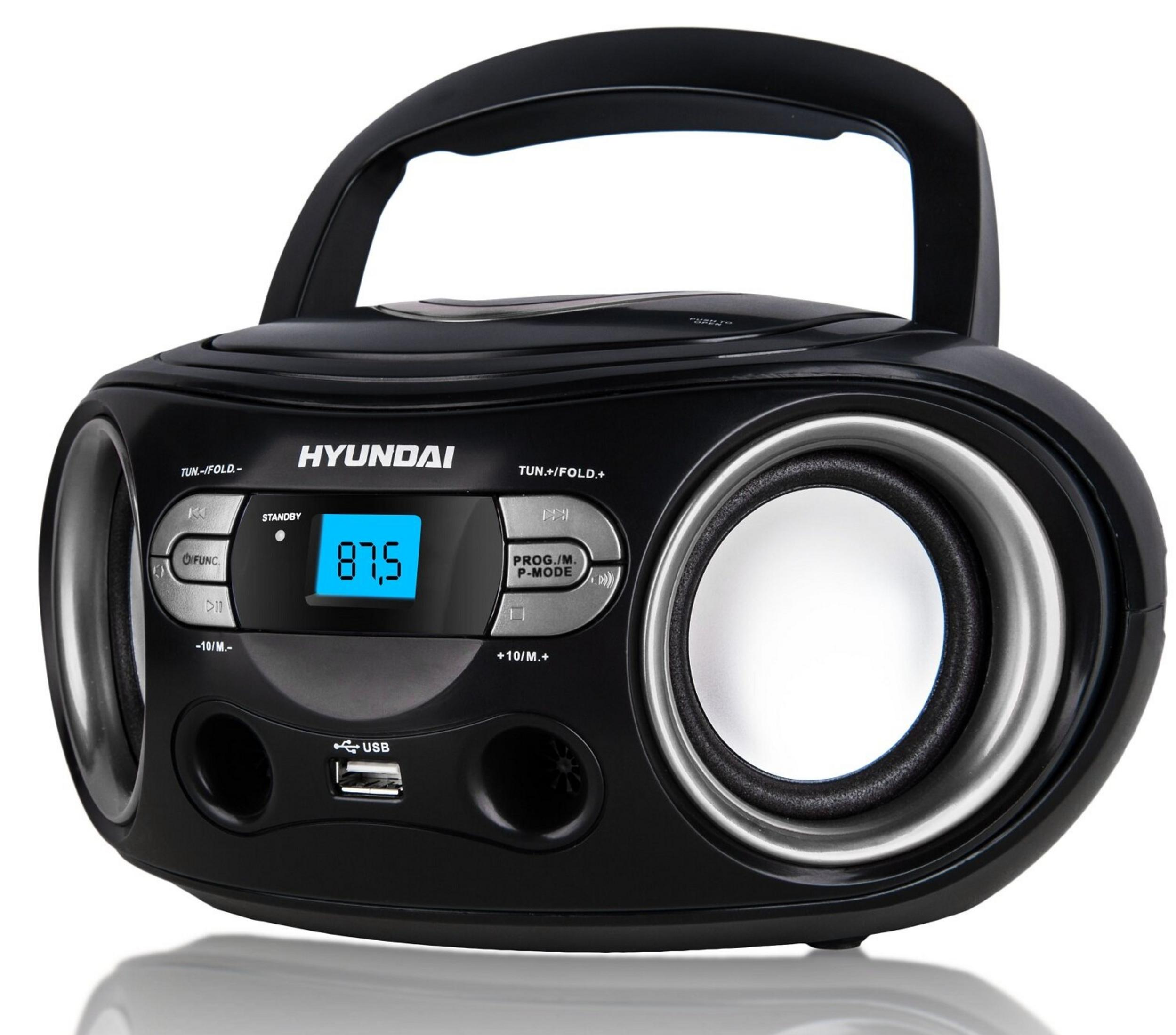 Lettore CD portatile Hyundai nero con altoparlanti e display.