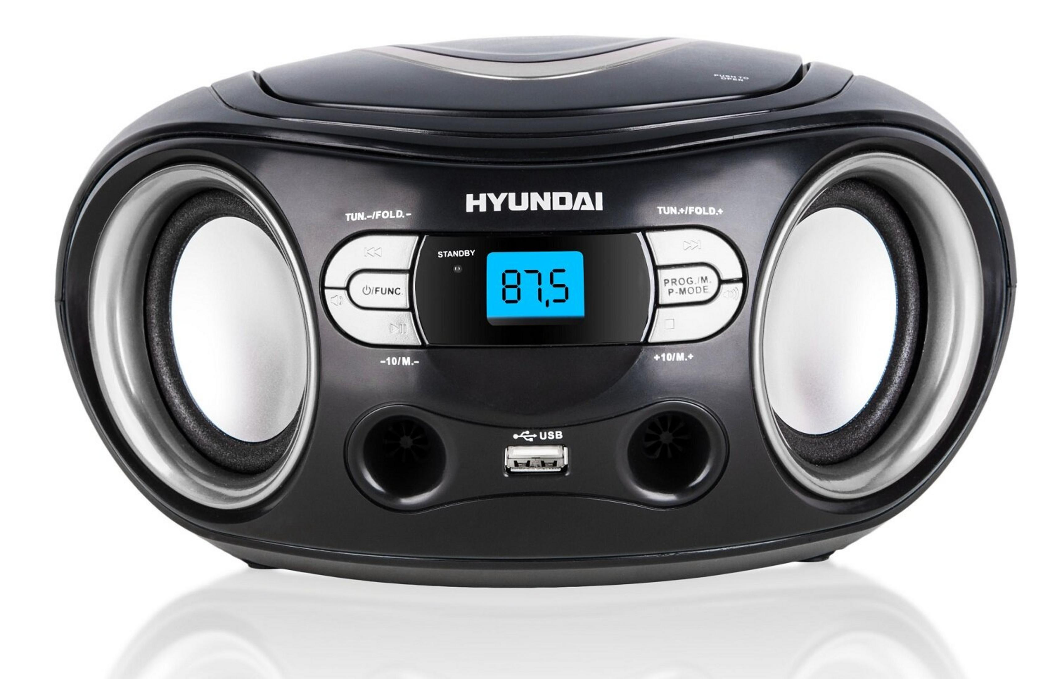 Boombox Hyundai nero con doppio altoparlante, schermo e porta USB.