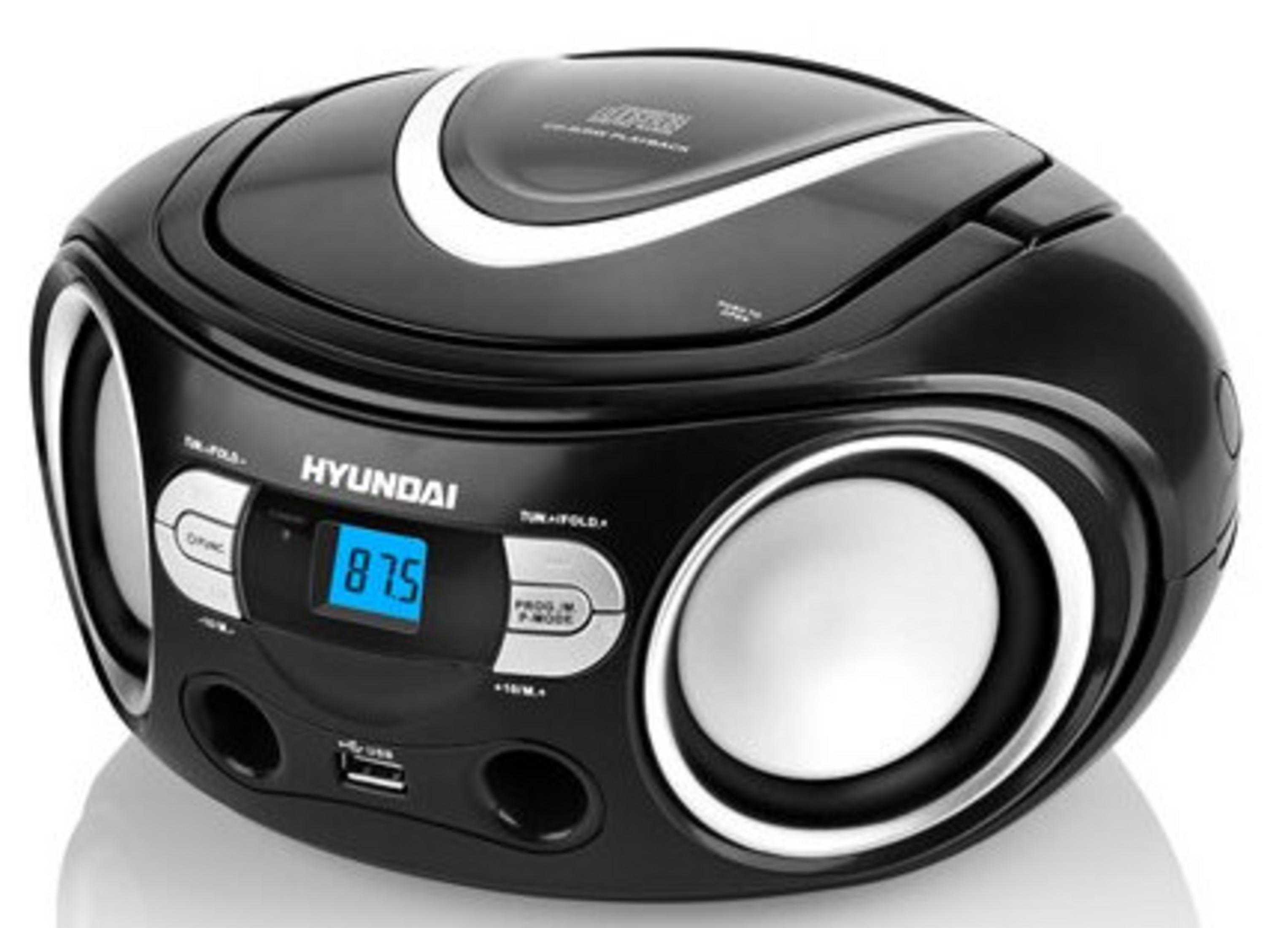 Boombox Hyundai nero con display blu e altoparlanti argentati.