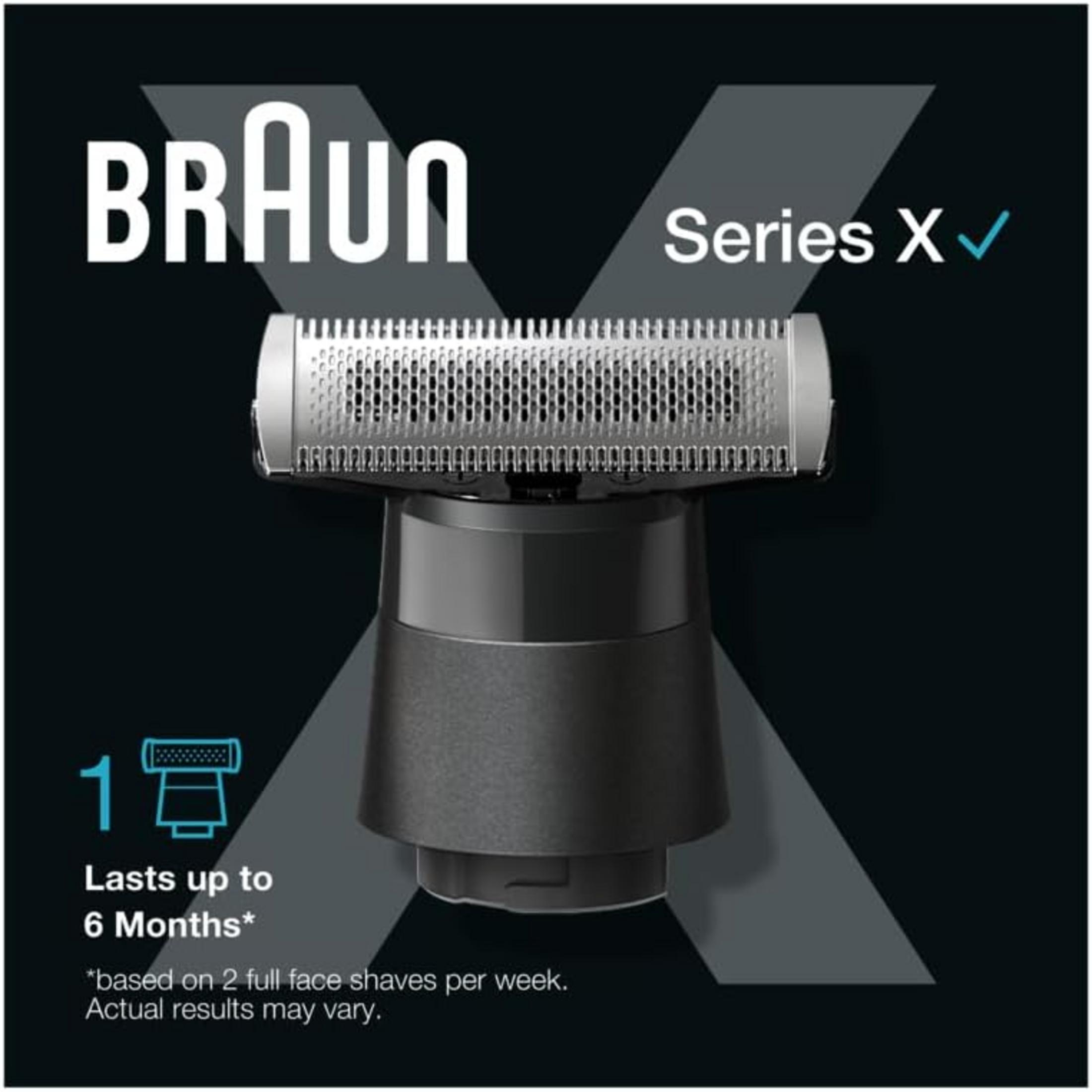 Testina rasoio Braun Series X dura fino a 6 mesi. Sfondo grigio.