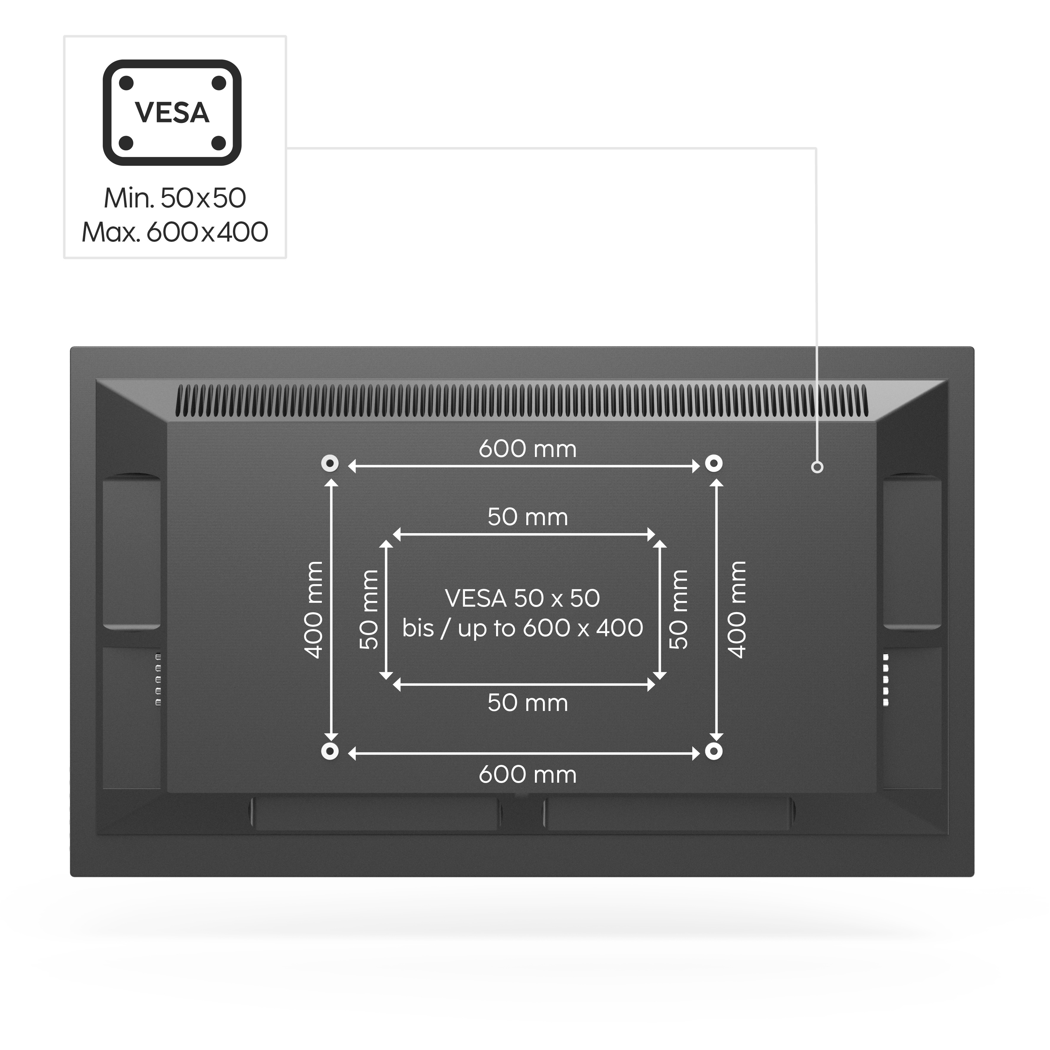 Retro di un TV con punti di montaggio VESA e dimensioni.