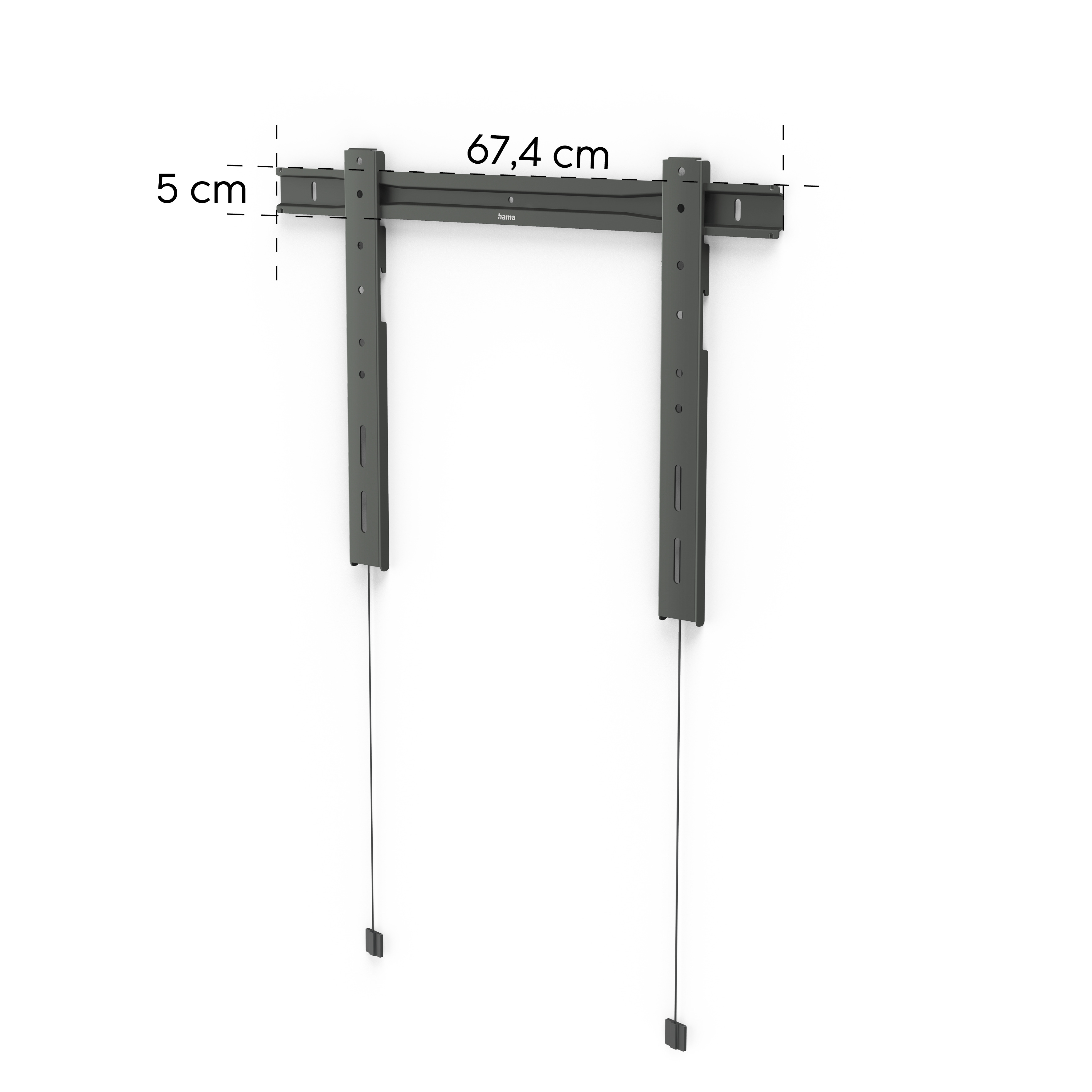 Supporto da parete nero con linee di misura 5 cm e 67,4 cm.