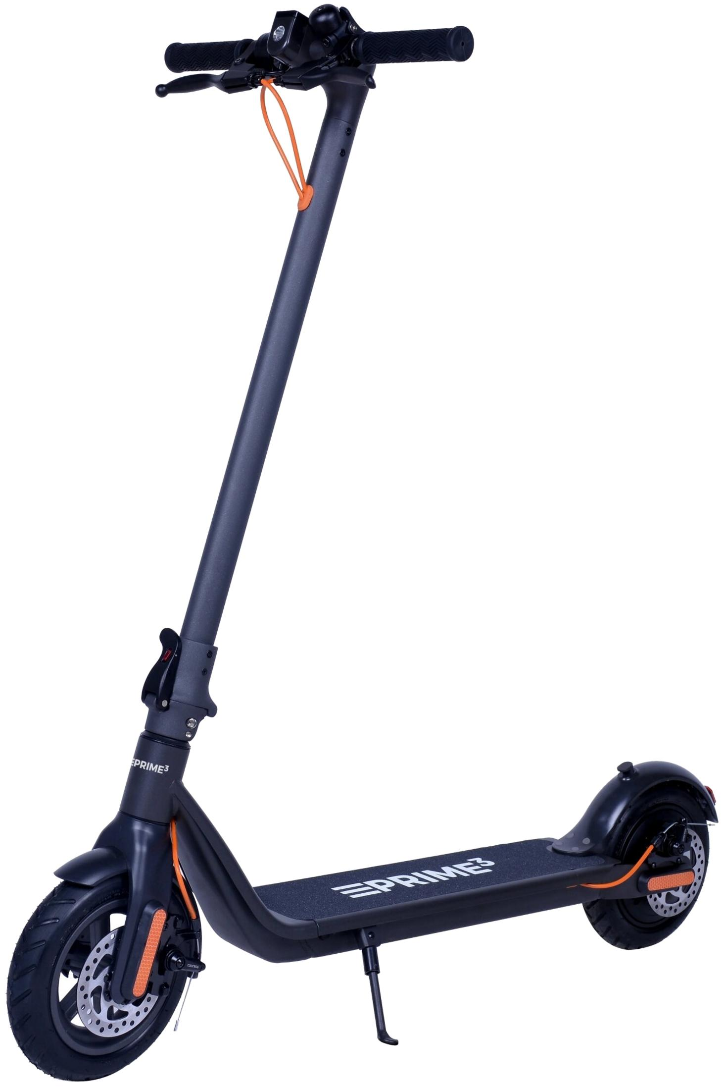 Uno scooter elettrico nero con accenti arancioni e logo PRIME3.
