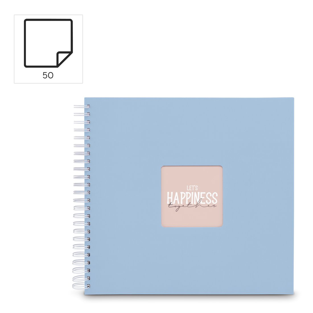 Jasnoniebieski album bindowany spiralnie z oknem z napisem 'Let's Happiness Together'.