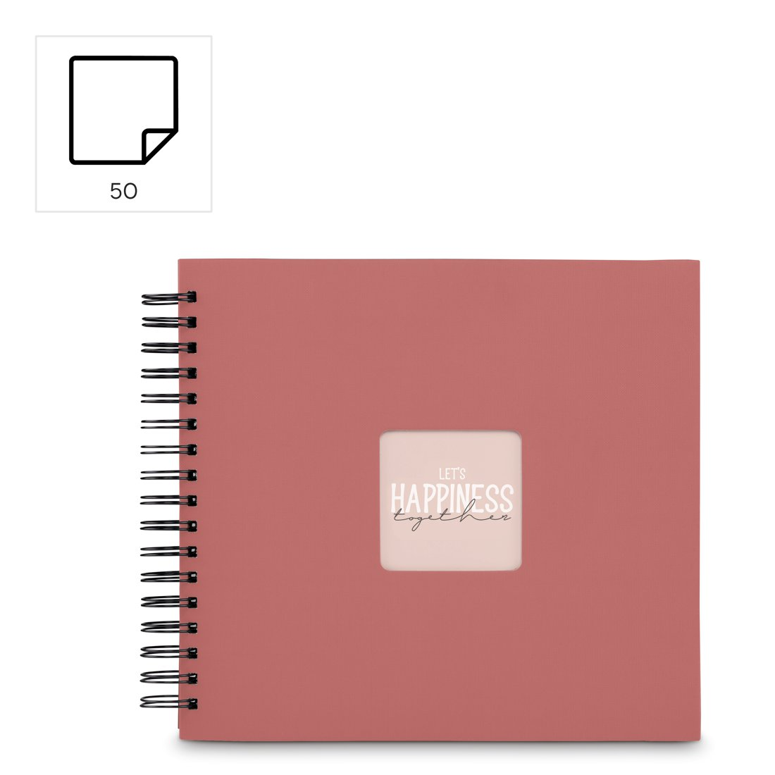Koralowy album fotograficzny ze spiralnym grzbietem i okienkiem z napisem „Let's Happiness Together”.