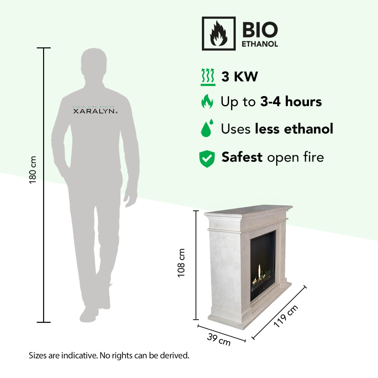 Bio-ethanol haard specificaties: 3 KW, 3-4 uur gebruik, efficiënt, veilig. 180cm figuur schaal.