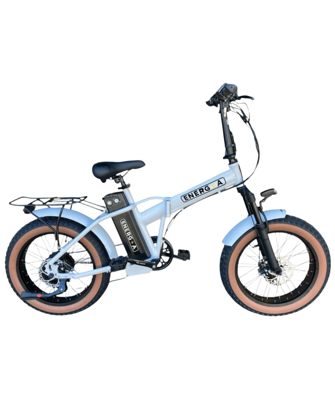Una e-bike pieghevole azzurra con pneumatici larghi e portapacchi posteriore.
