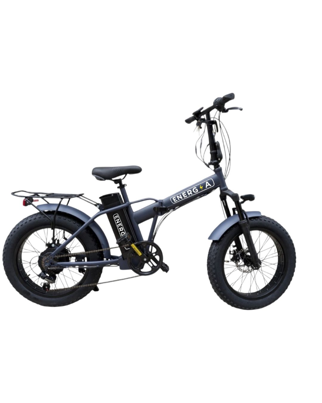 Una bici elettrica pieghevole grigia con pneumatici larghi e portapacchi.