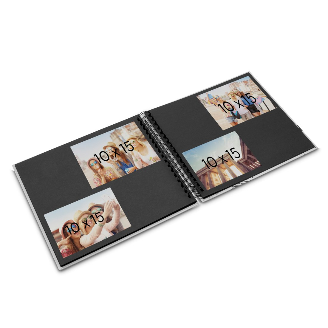 Otwarty album na zdjęcia z czterema zdjęciami 10x15cm młodych kobiet i budynków.