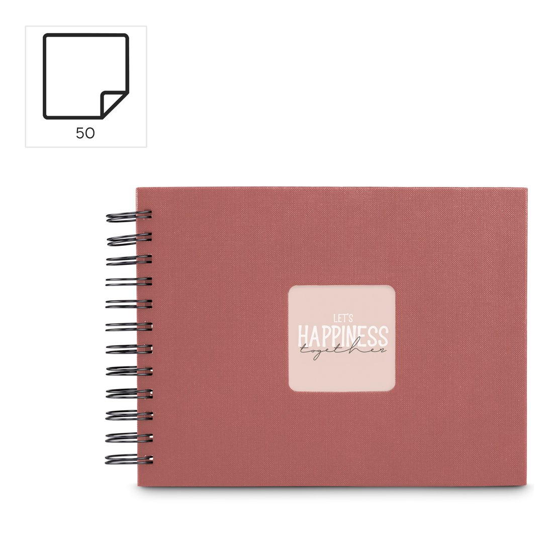 Różowy notatnik bindowany spiralnie z napisem "LET'S HAPPINESS TOGETHER".