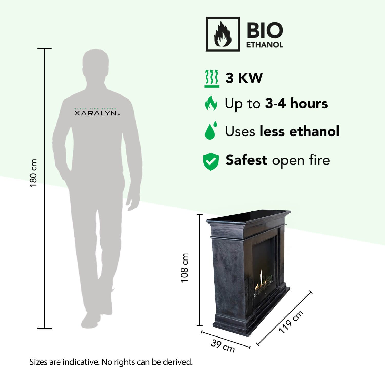 Bio ethanol haard: 3 KW, 3-4 uur brandtijd, zuinig, veilig. Hoogte 108cm.