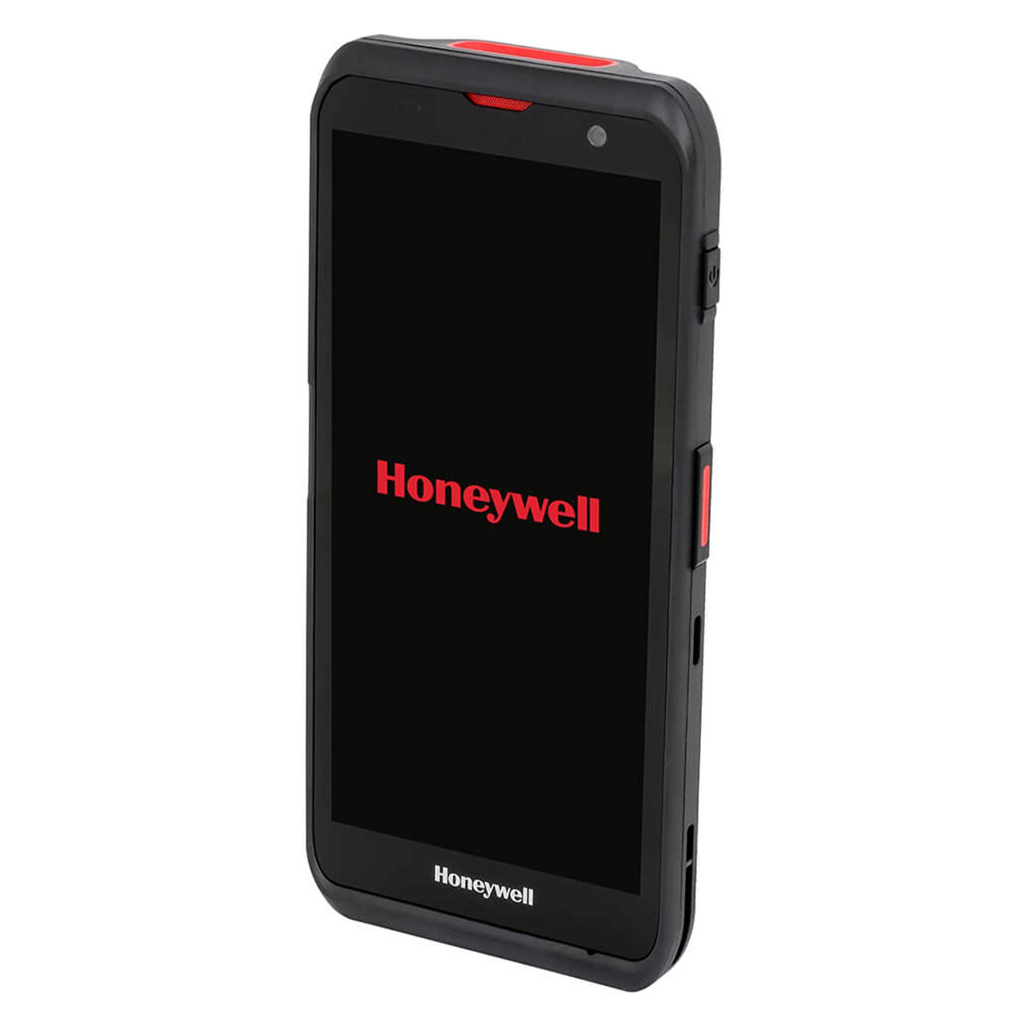 Üstte kırmızı vurgusu ve yan düğmeleri olan siyah bir Honeywell cihazı.