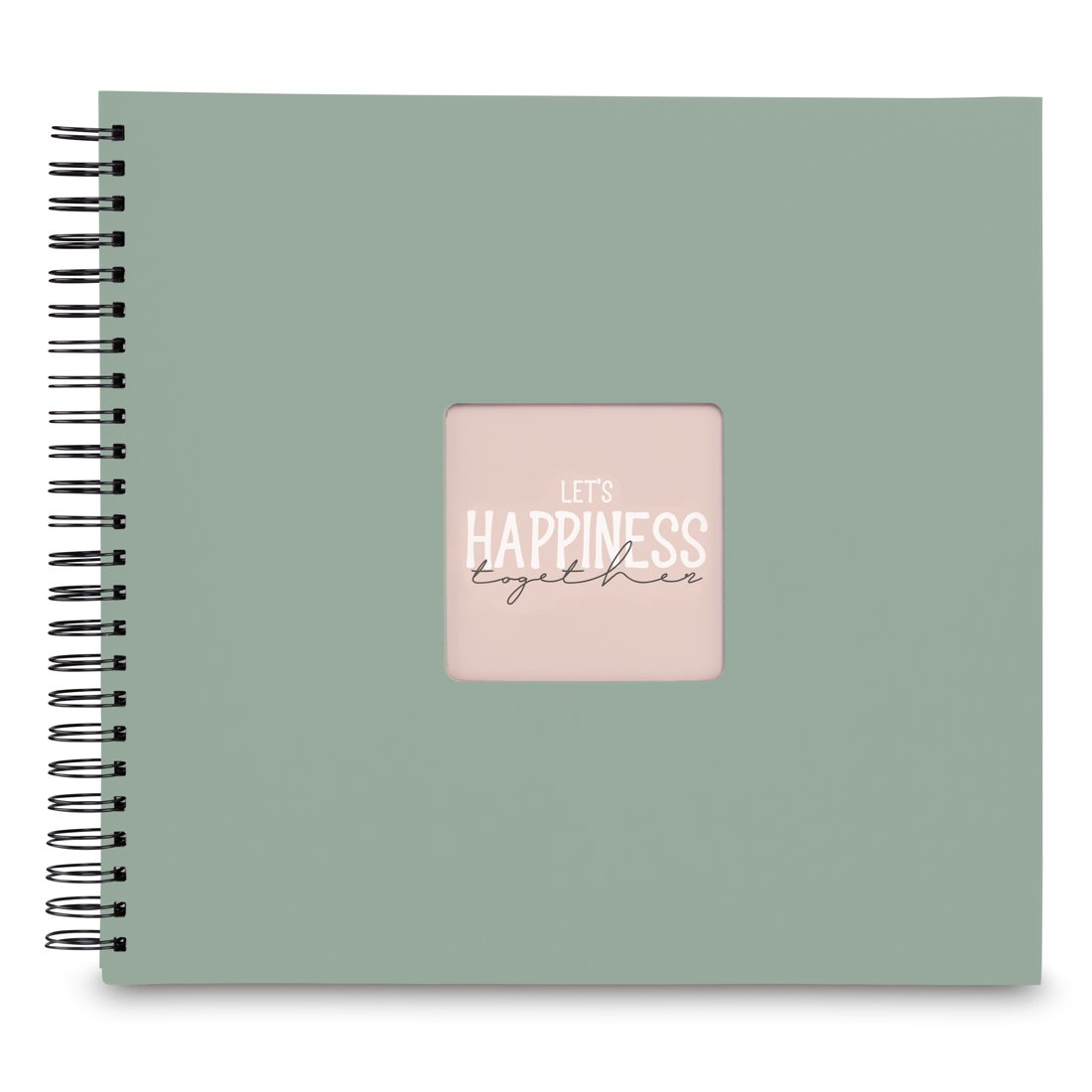 Zielony segregator z napisem 'Let's Happiness Together' w różowym okienku.