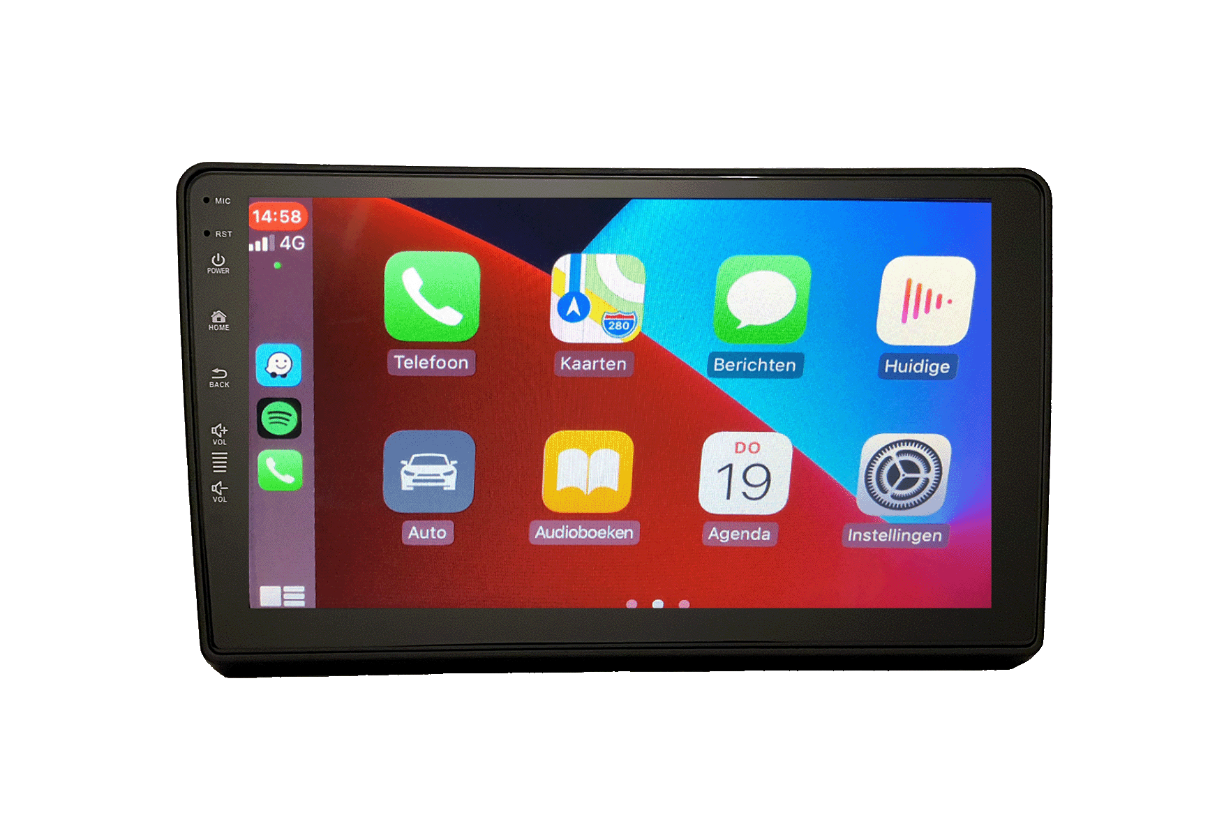 An infotainment screen displays app icons like phone, maps, messages, and car.
