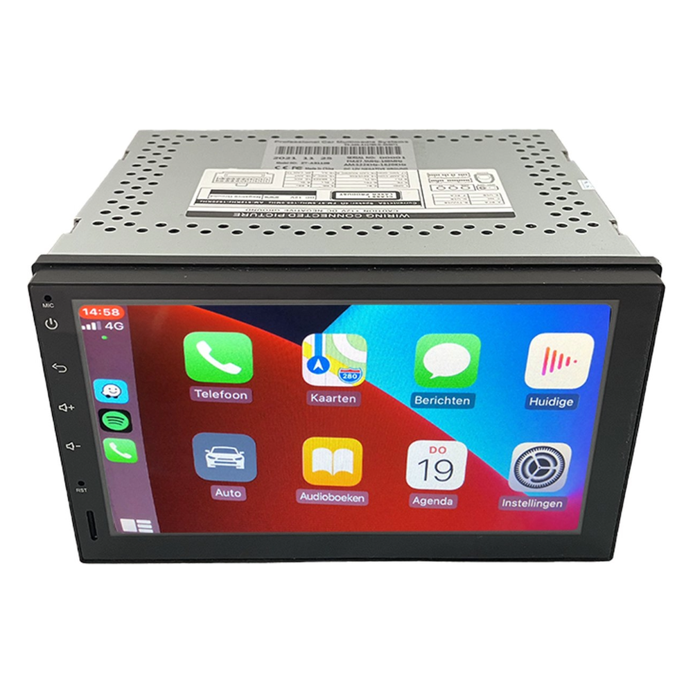 A car stereo with a touchscreen displays app icons like Phone, Maps, Messages, and Calendar.