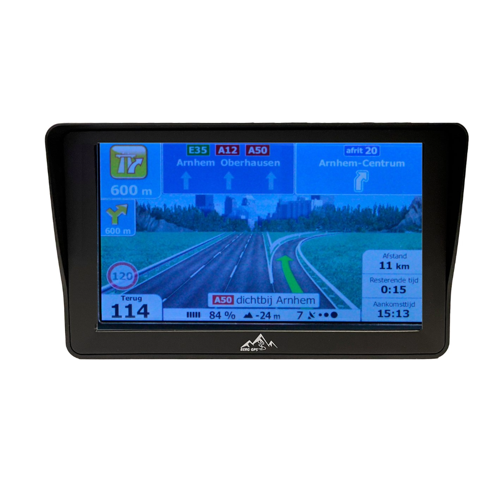 Un GPS affiche une carte d'autoroute avec guidage, distance et heure.