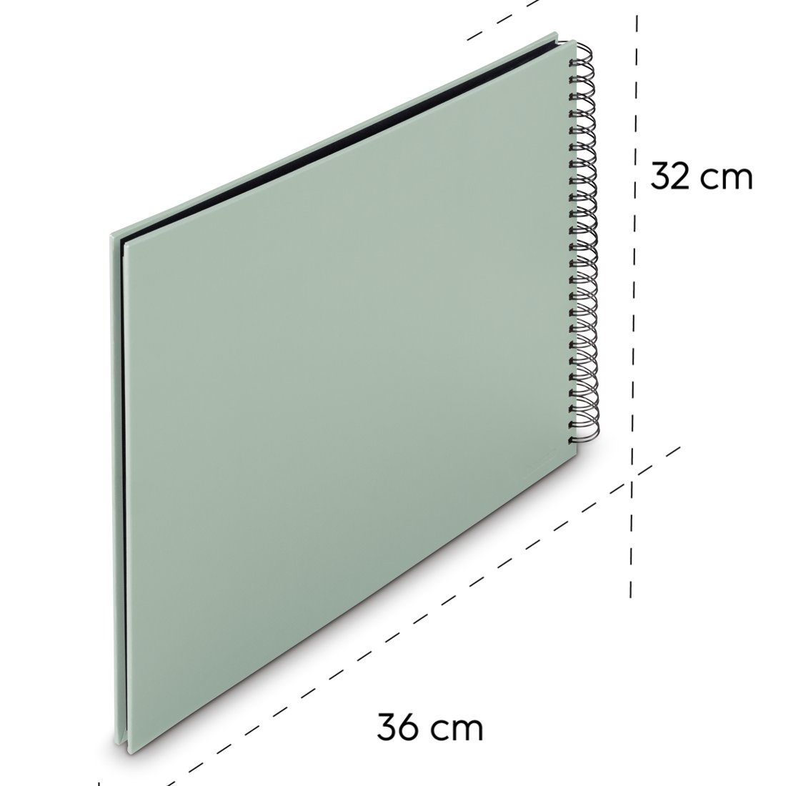 Jasnozielony segregator spiralny, 36x32 cm, z czarną krawędzią u góry.