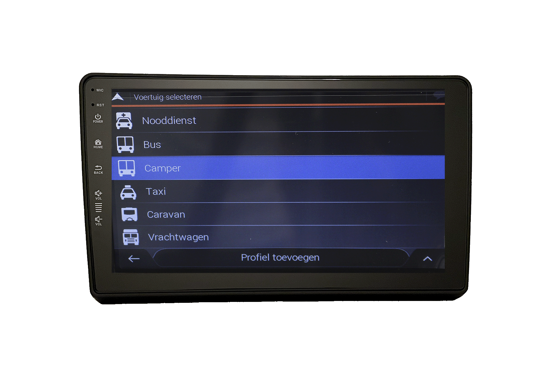 Navigation device shows vehicle selection with camper option highlighted.