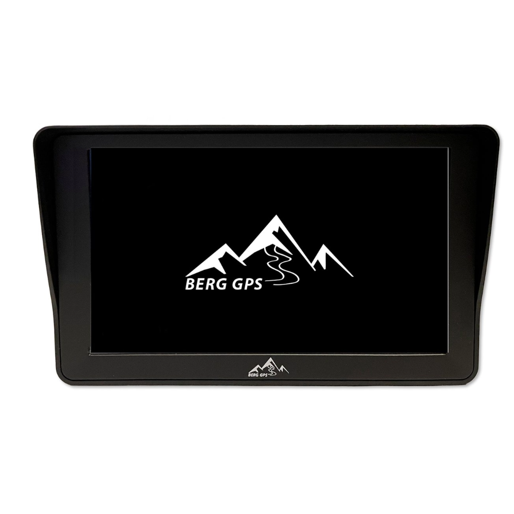 Un écran GPS noir avec logo de montagne et texte "BERG GPS".