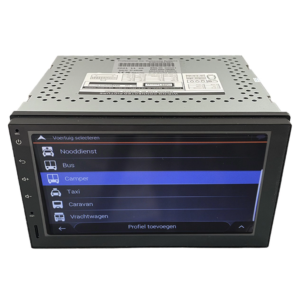 A car stereo with a touchscreen displays a list of vehicle types, with 'Camper' highlighted.