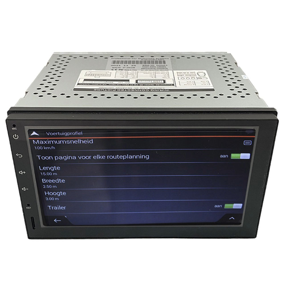 A car stereo with a touchscreen displays vehicle profile settings.
