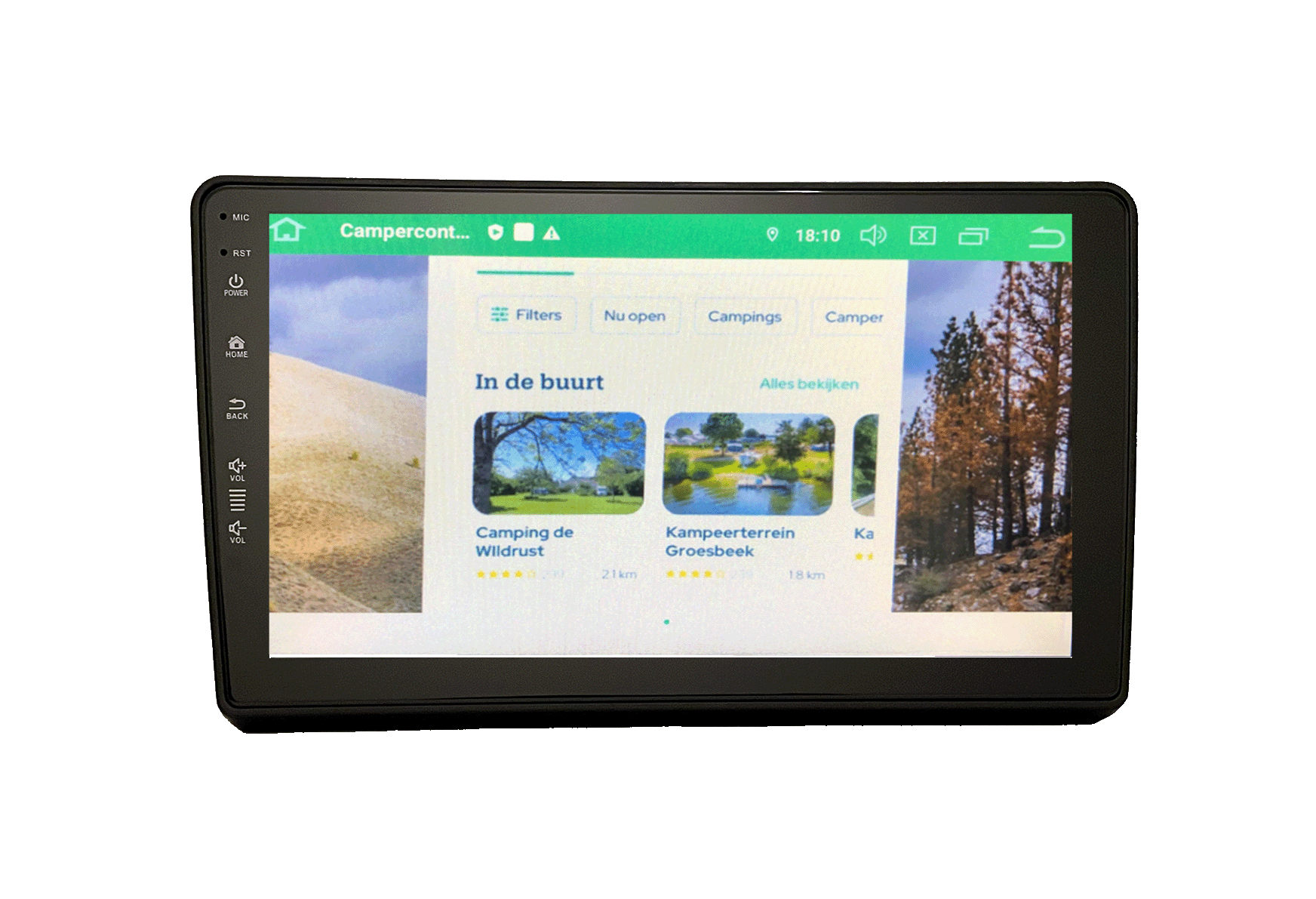A touchscreen device shows a camping app with images of campsites.