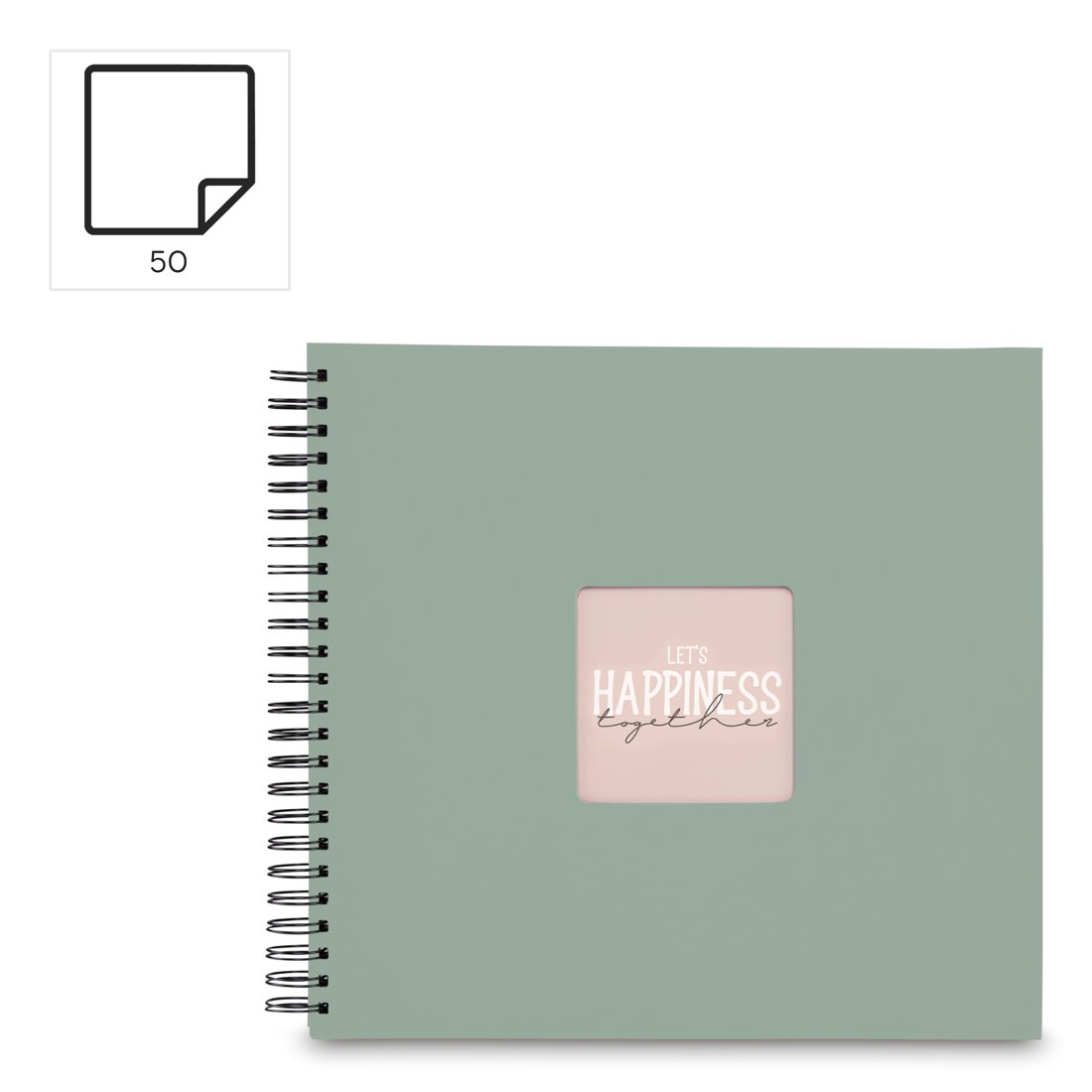 Zielony scrapbook bindowany spiralą z napisem 'Let's Happiness Together'.