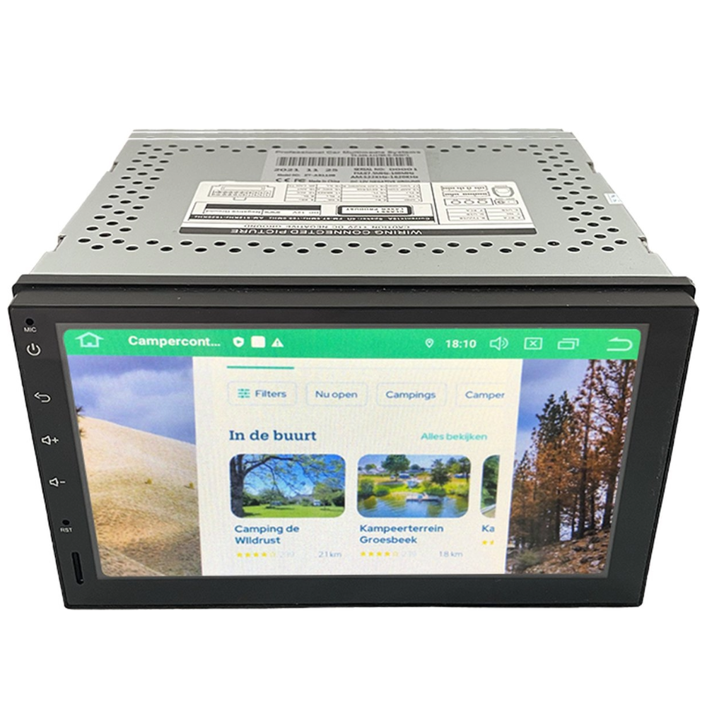 A car stereo displays a camping app showing nearby campsites.