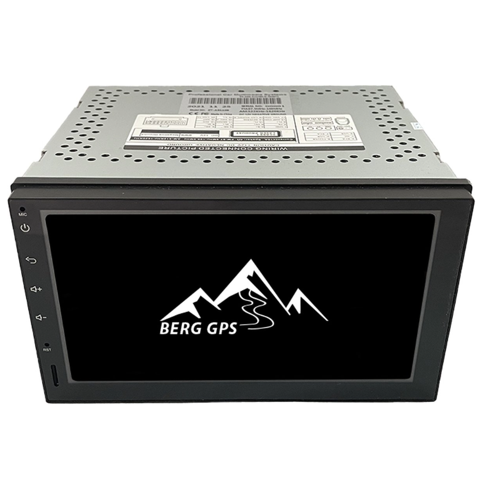 A car stereo with a touchscreen displays a mountain logo and 