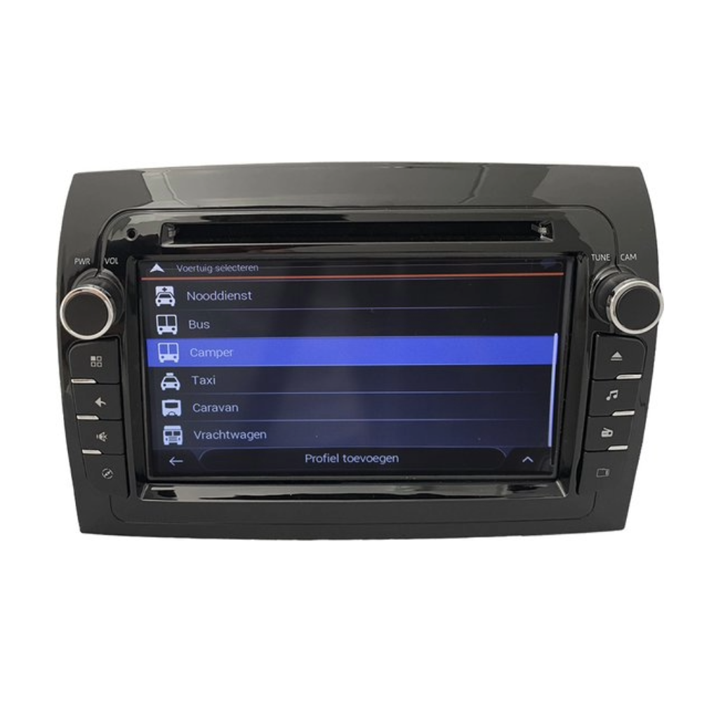 A car stereo with a touchscreen displays a vehicle selection with options like Bus and Taxi.