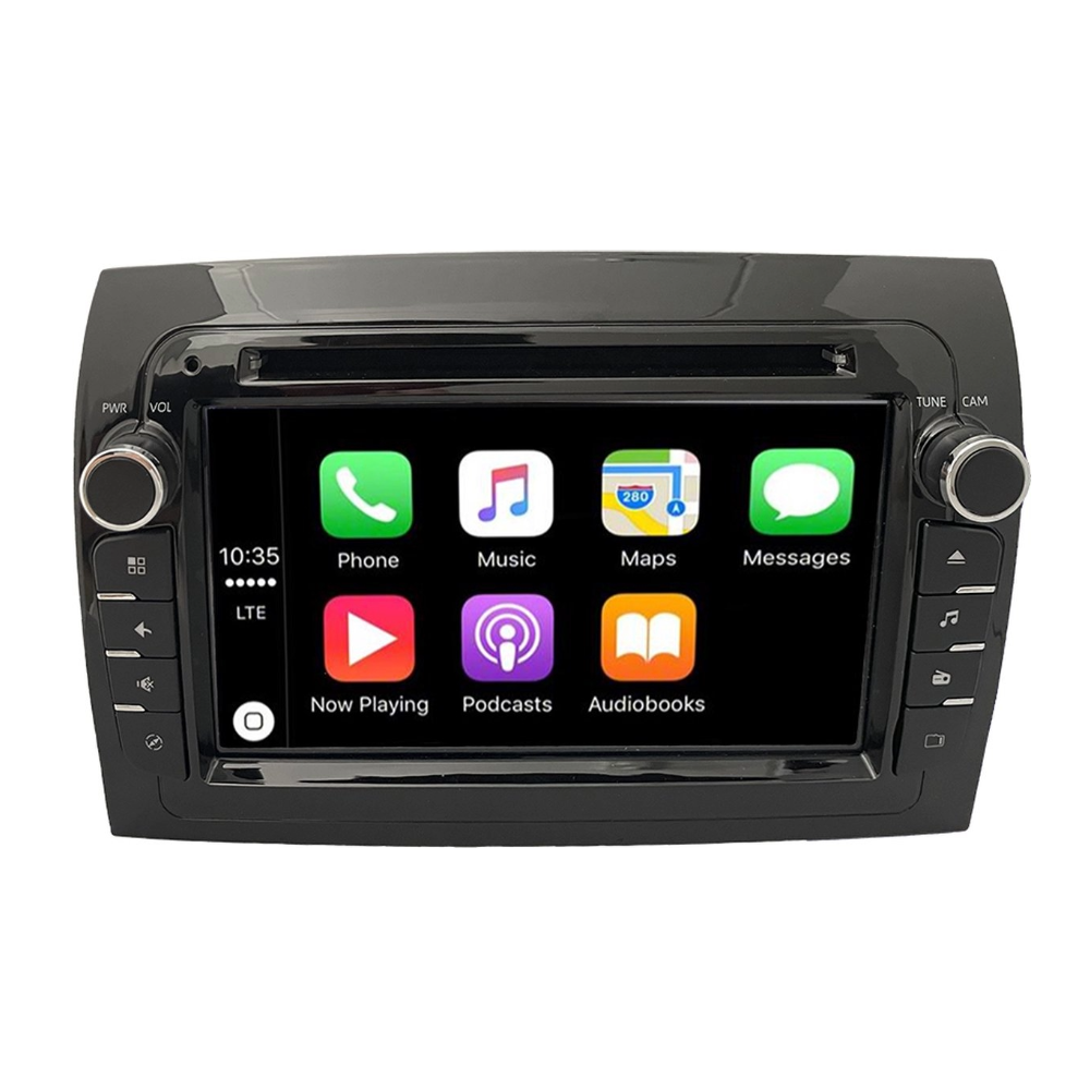 A black car stereo with a touchscreen displays app icons like Phone, Music, and Maps.