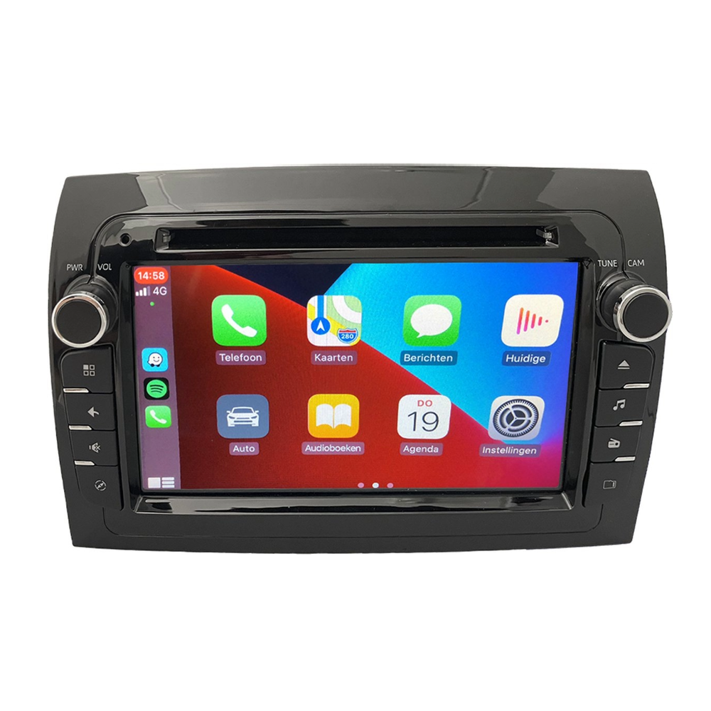 A black car stereo with a touchscreen displaying Apple CarPlay. Knobs are on the left.