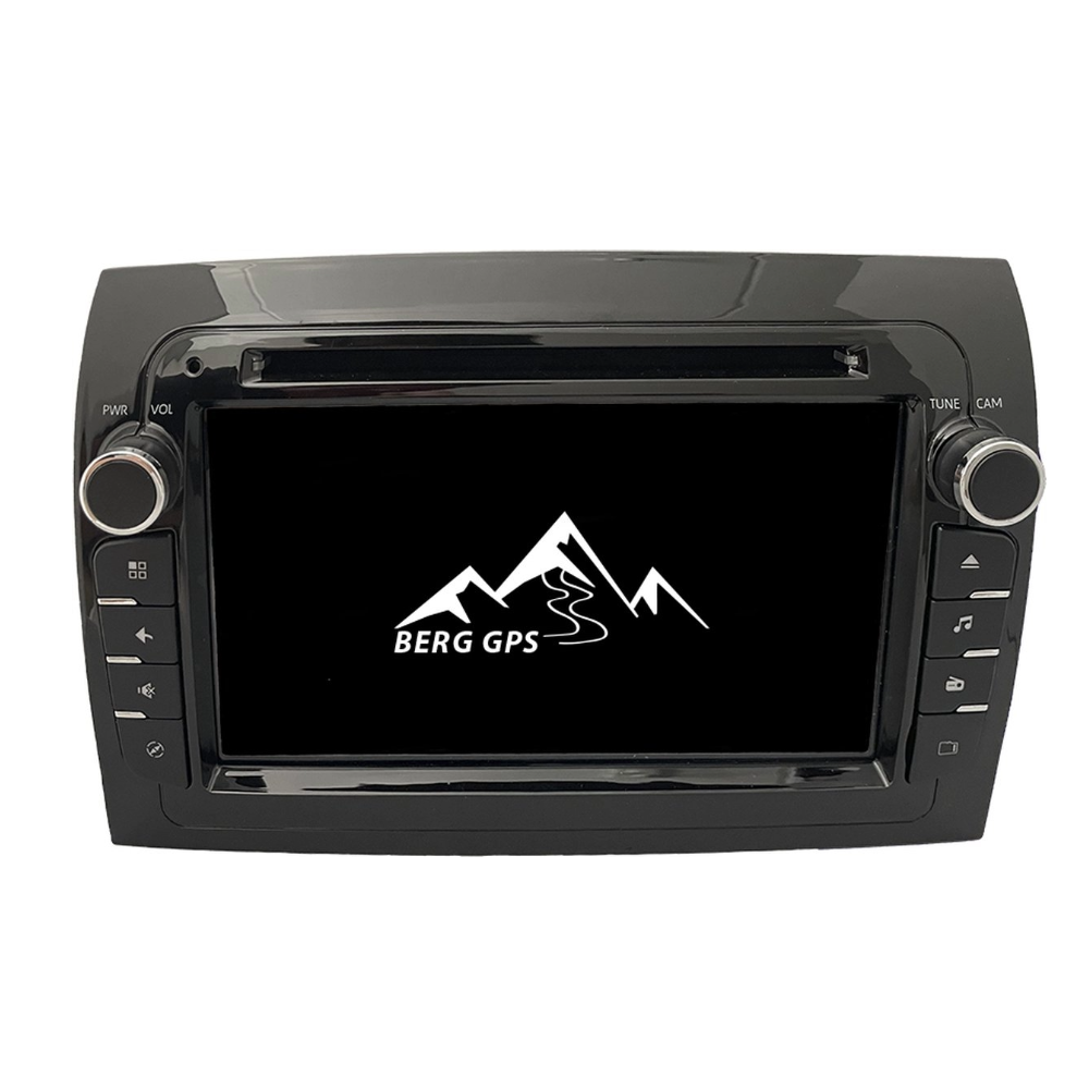 A black car stereo with a touchscreen displaying a mountain logo.