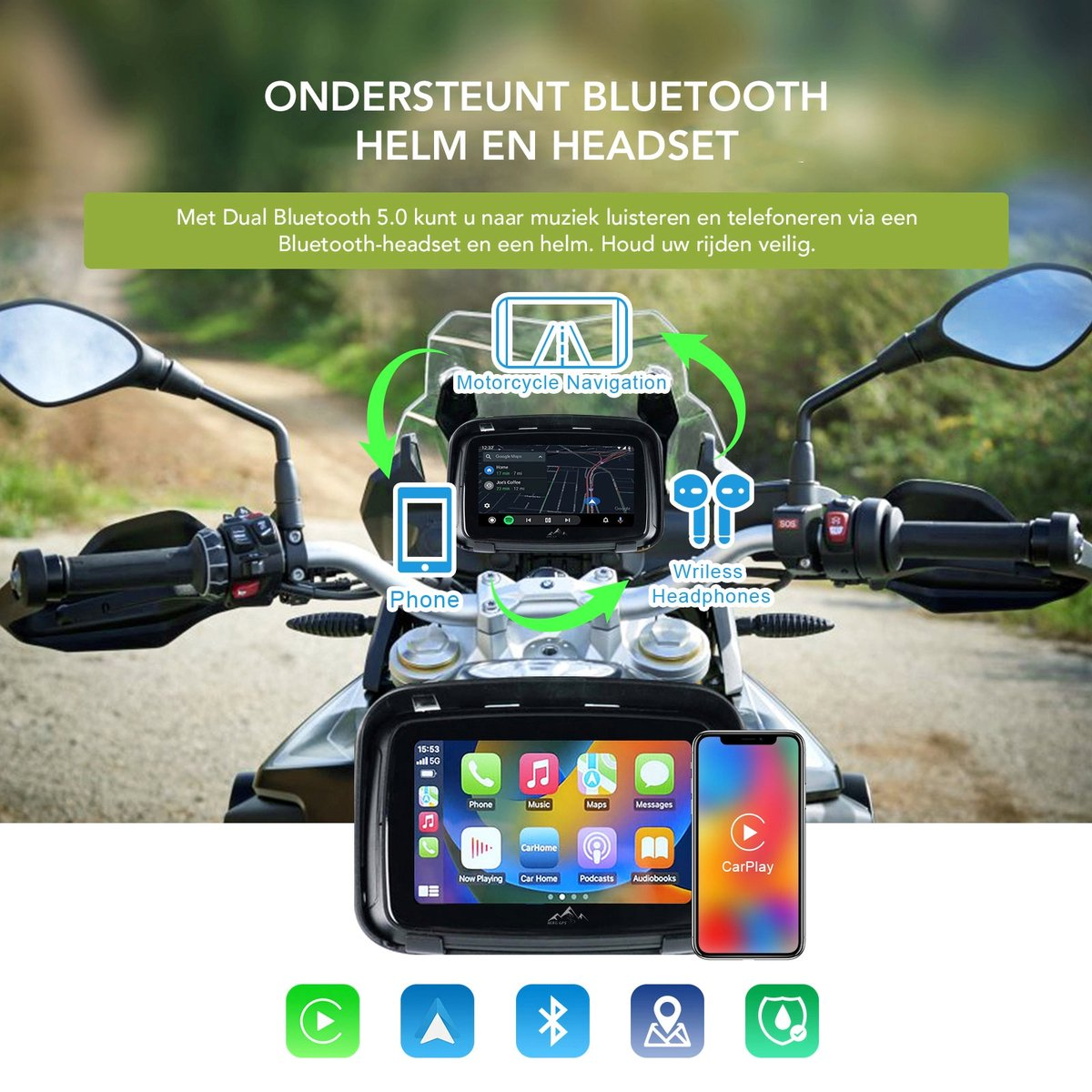 Motorcycle cockpit with navigation screen, smartphone, and icons for Bluetooth connection.