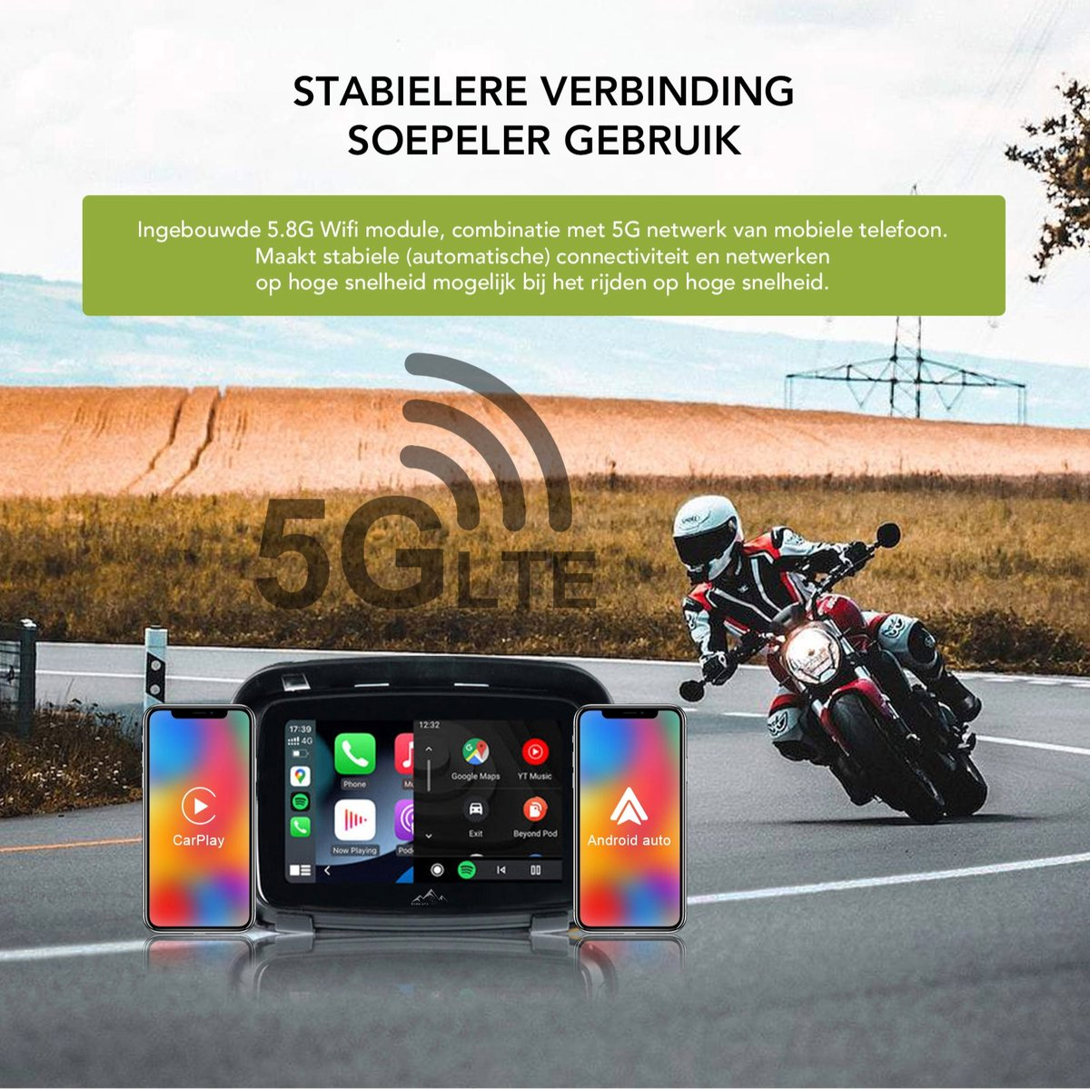Motorcyclist on road, 5G LTE symbol, 3 screens showing CarPlay/Android Auto.